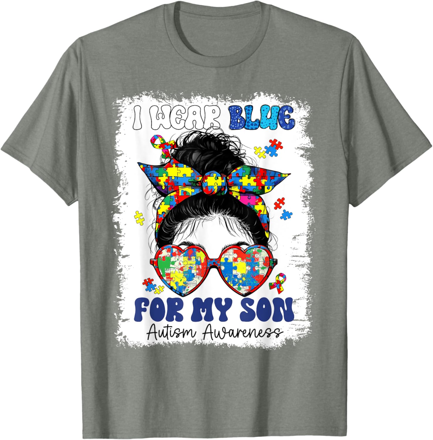 Mom Messy Bun Autism Awareness Puzzle T-Shirt for Proud Mothers - 7