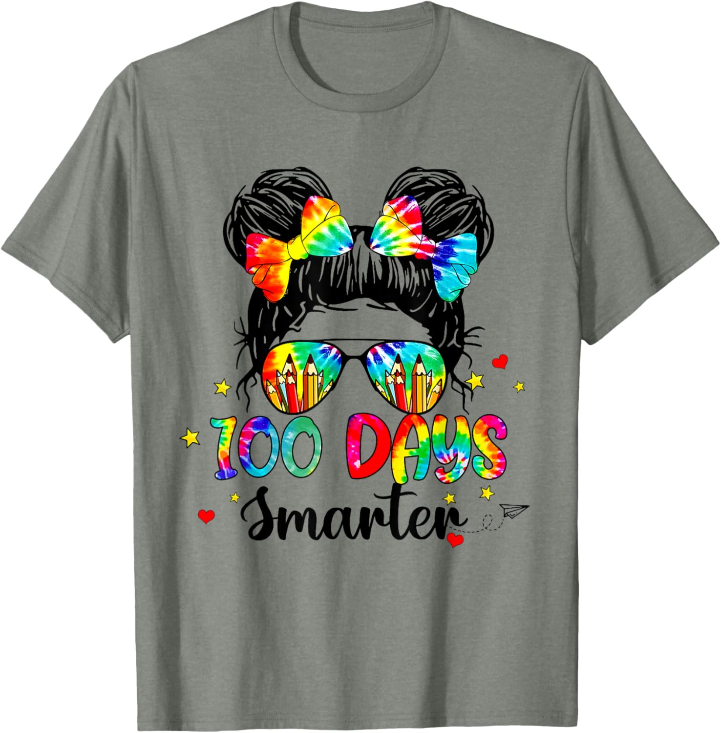 Cute Tie Dye Messy Bun 100 Days of School Shirt for Kids - 11