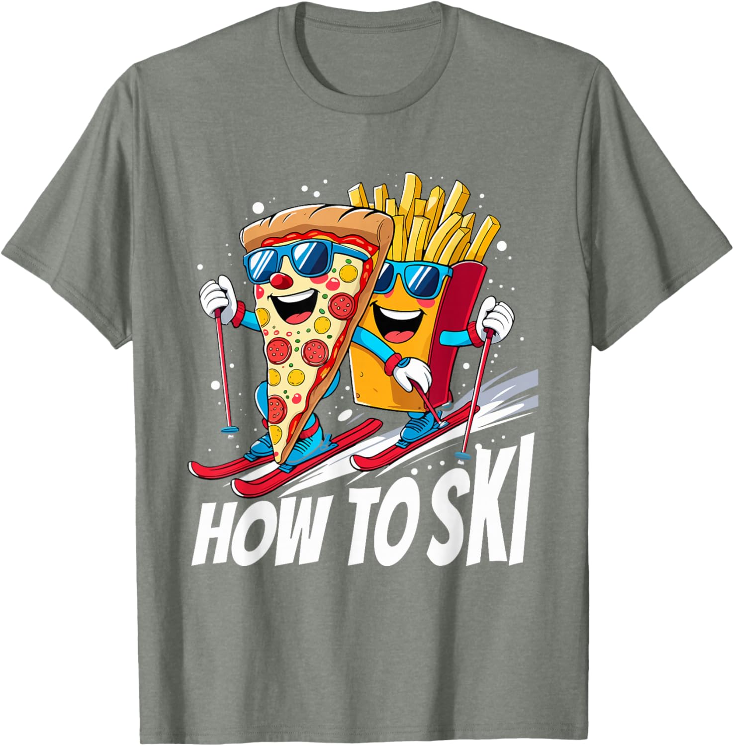 Funny Pizza French Fries Skiing T-Shirt for Ski Lovers and Enthusiasts - 16