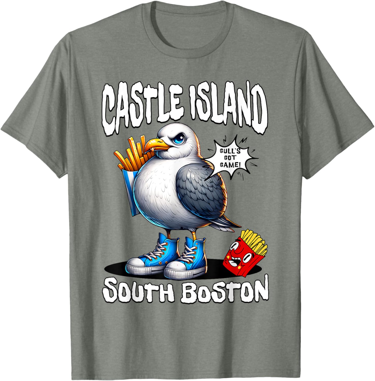 Funny Castle Island Seagull French Fries T-Shirt for Food Lovers - 7