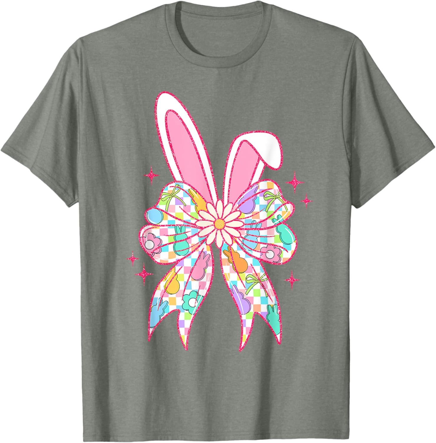 Groovy Checkered Bunny Bow Ears T-Shirt for Girls and Teens - 18
