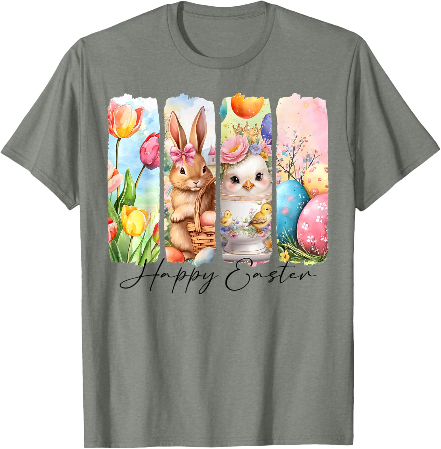 Retro Happy Easter Bunny and Chick T-Shirt with Floral Design - 15