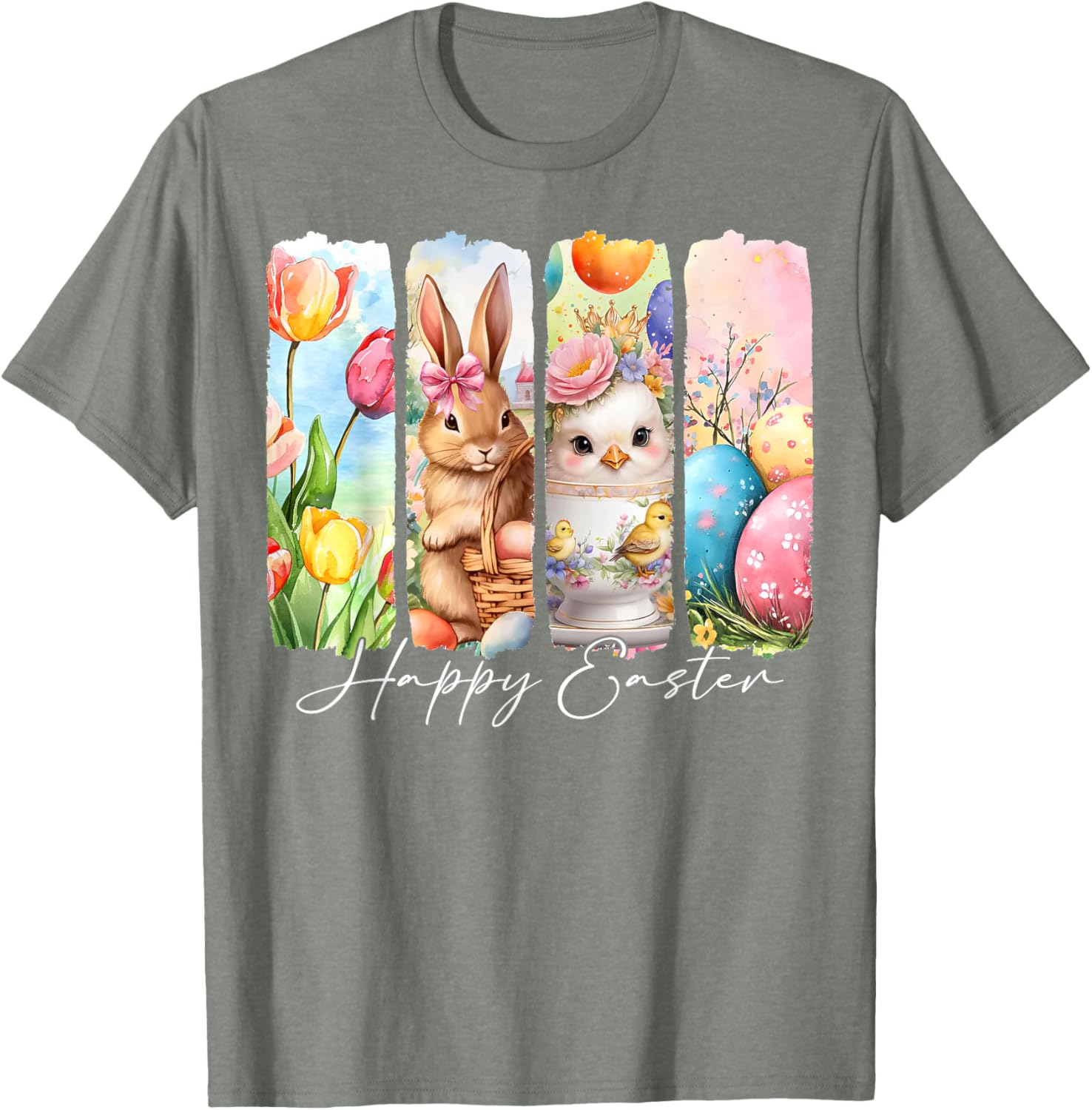 Retro Bunny and Chick Happy Easter T-Shirt with Floral Design - 10
