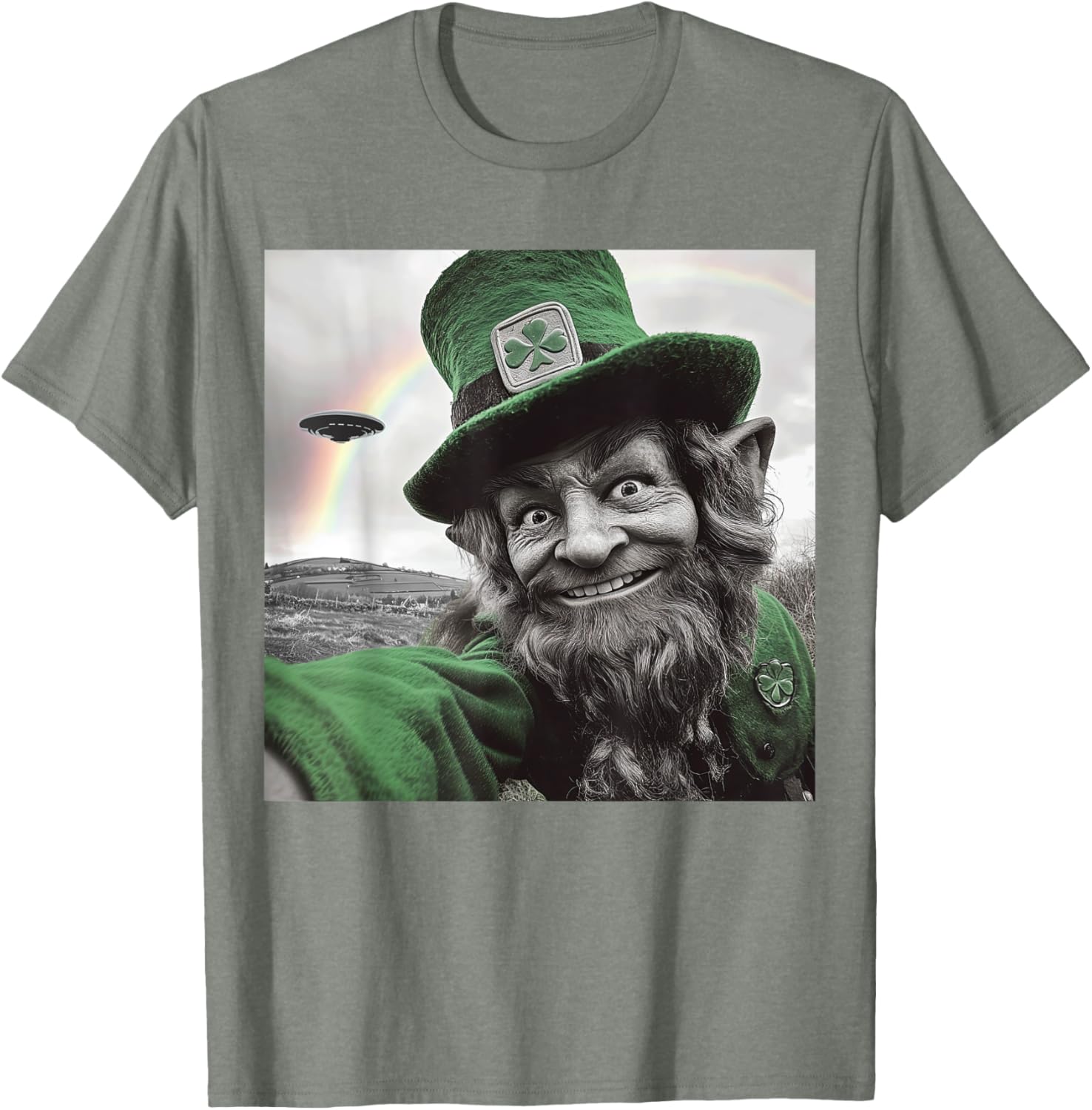 Funny St Patricks Day Rainbow Leprechaun UFO Selfie T-Shirt for Everyone - 24