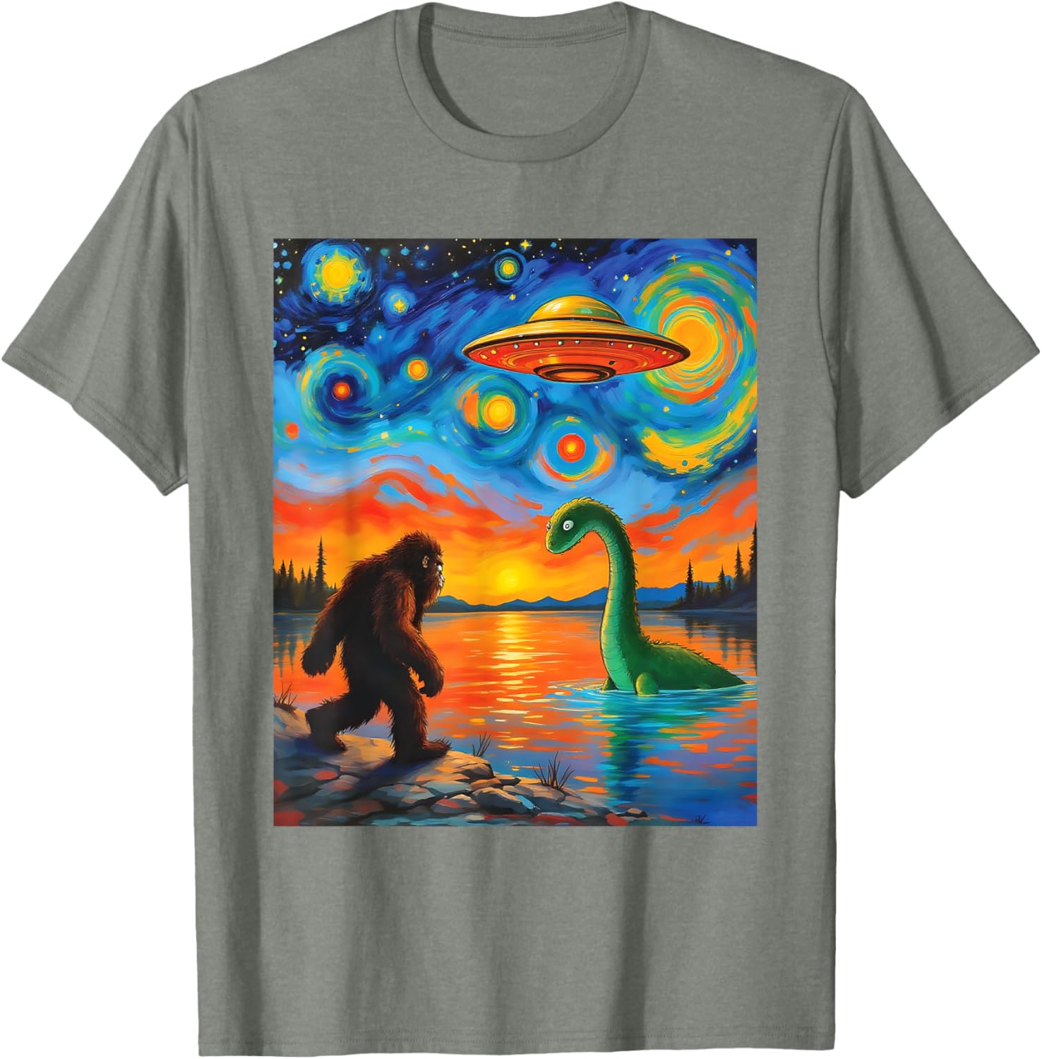 Bigfoot UFO Alien Encounter T-Shirt Inspired by Van Gogh's Starry Night - 4