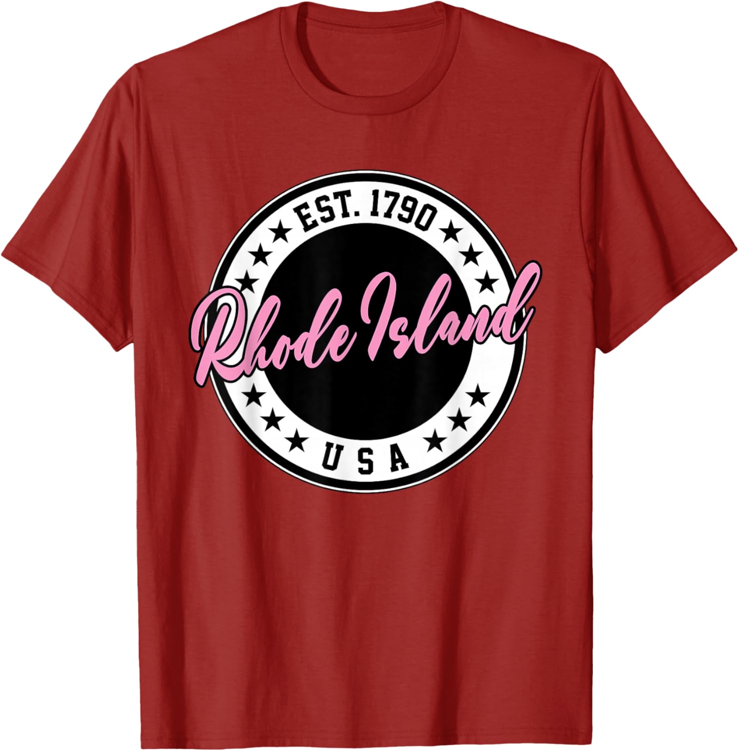 Rhode Island USA Script Circle Pink Text T-Shirt for Stylish Comfort - 7