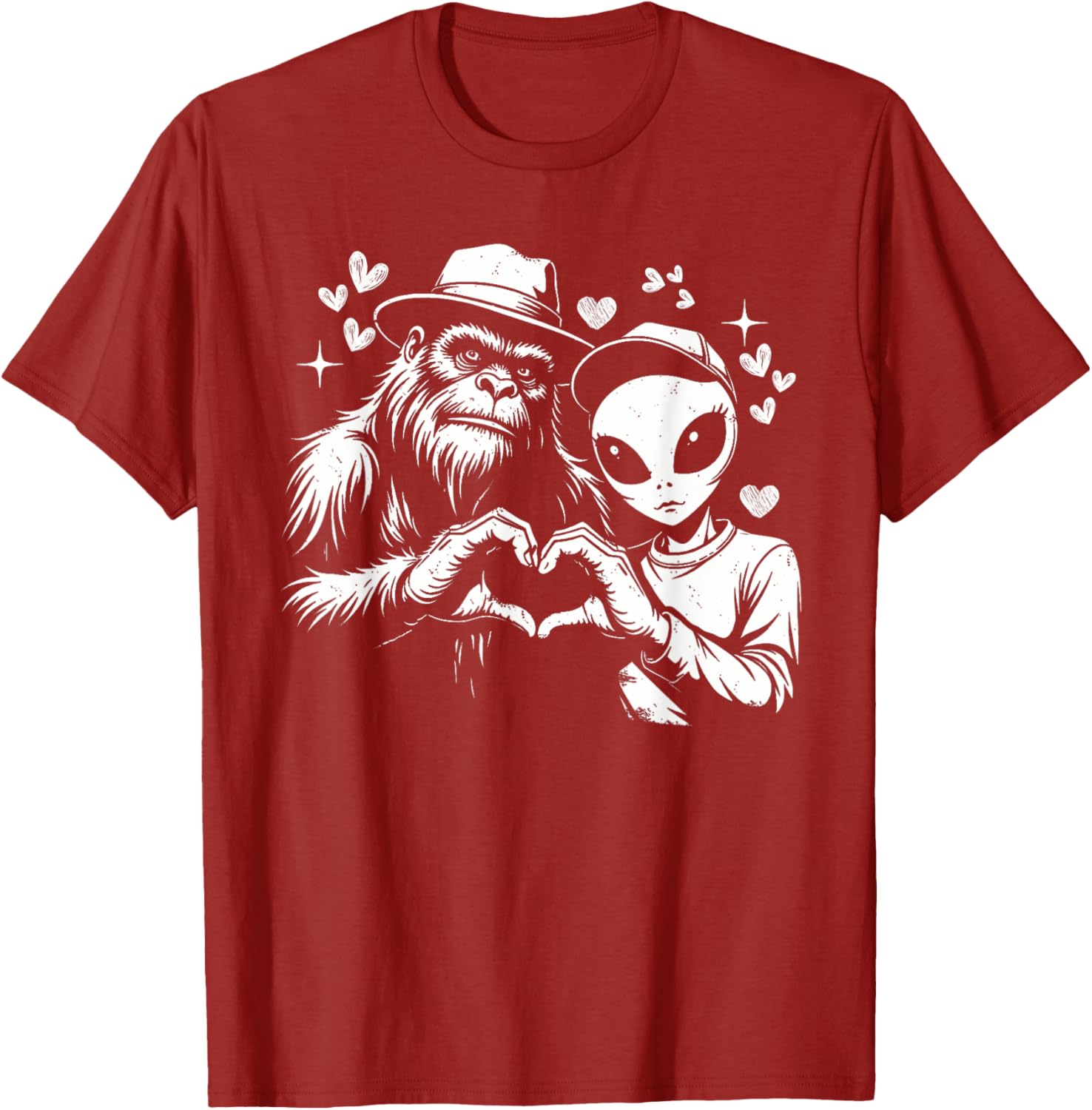 Funny Bigfoot and Alien Love Hand Sign T-Shirt for Unique Style - 3