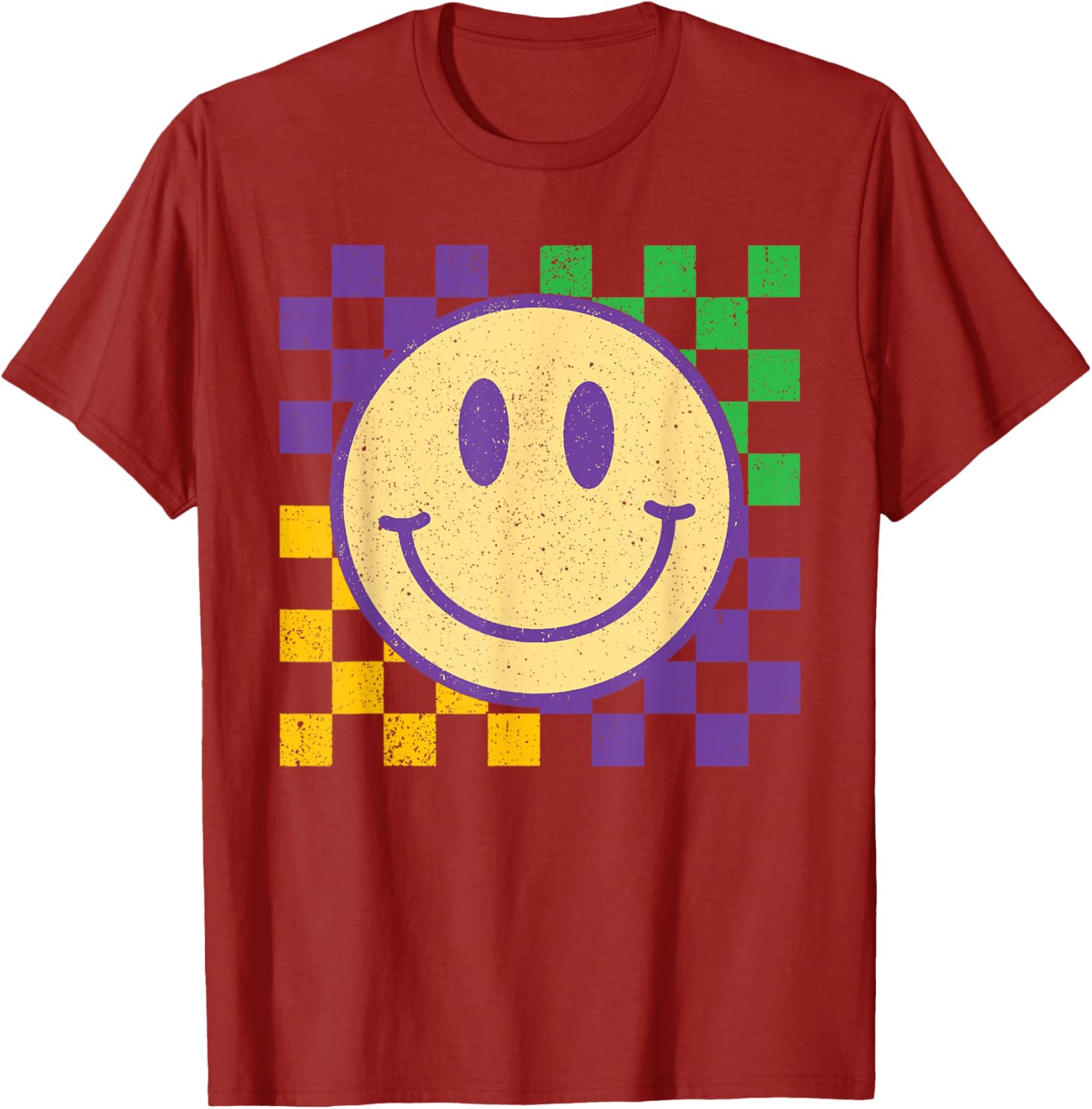 Groovy Mardi Gras Smile Face Checkered T-Shirt for Men, Women, Kids - 3