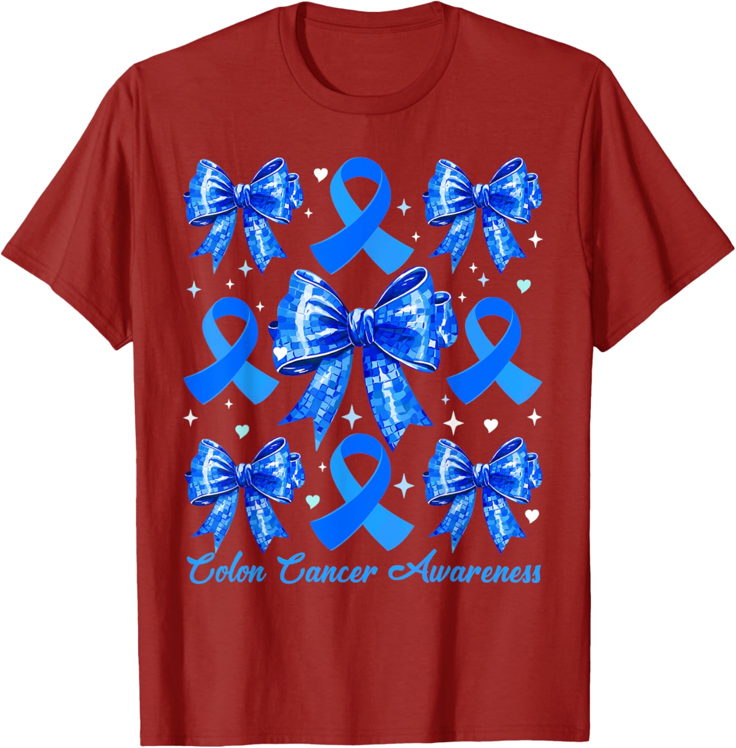 Retro Coquette Blue Ribbon T-Shirt for Women's Colon Cancer Awareness - 12