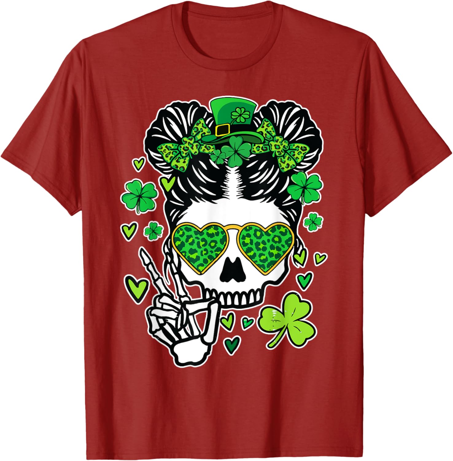St Patrick's Day Skull Messy Bun Women’s T-Shirt for Festive Style - 24