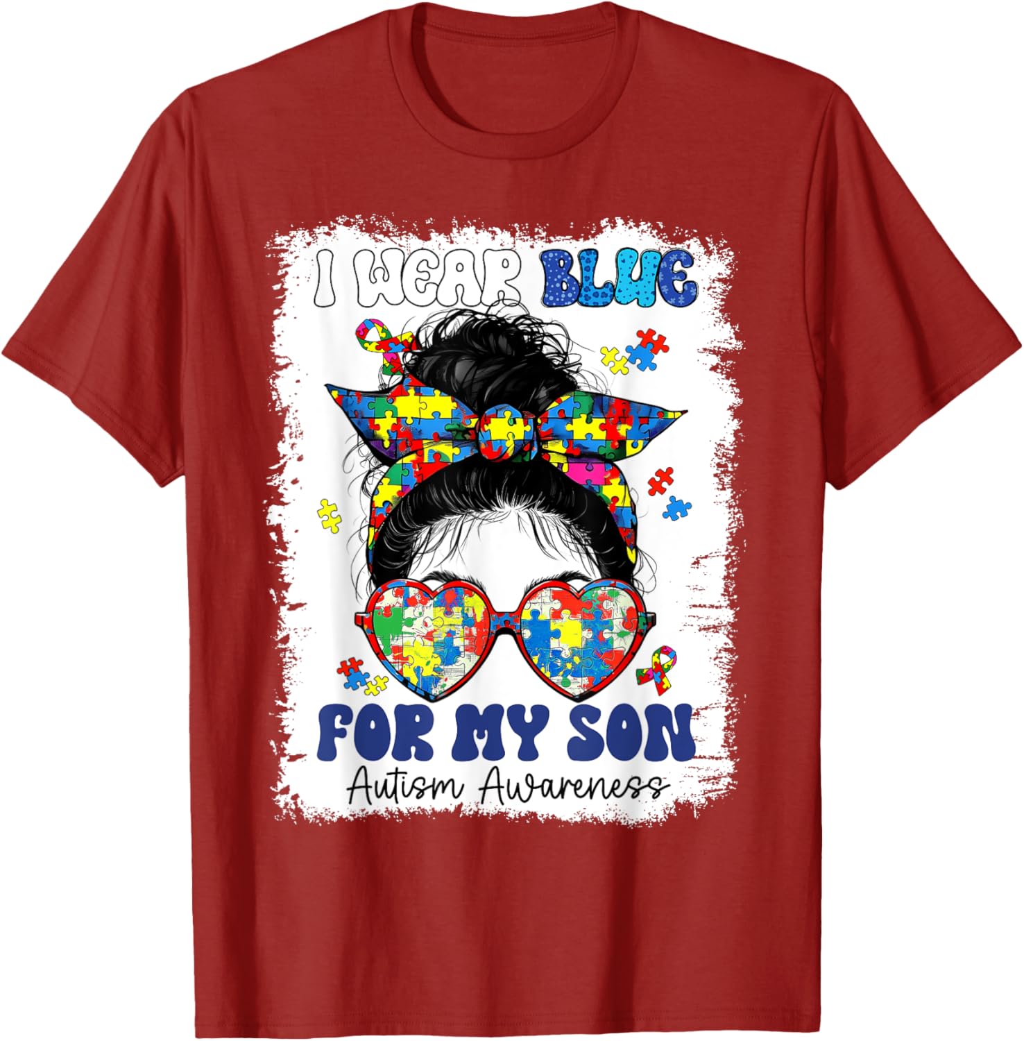 Mom Messy Bun Autism Awareness Puzzle T-Shirt for Proud Mothers - 8