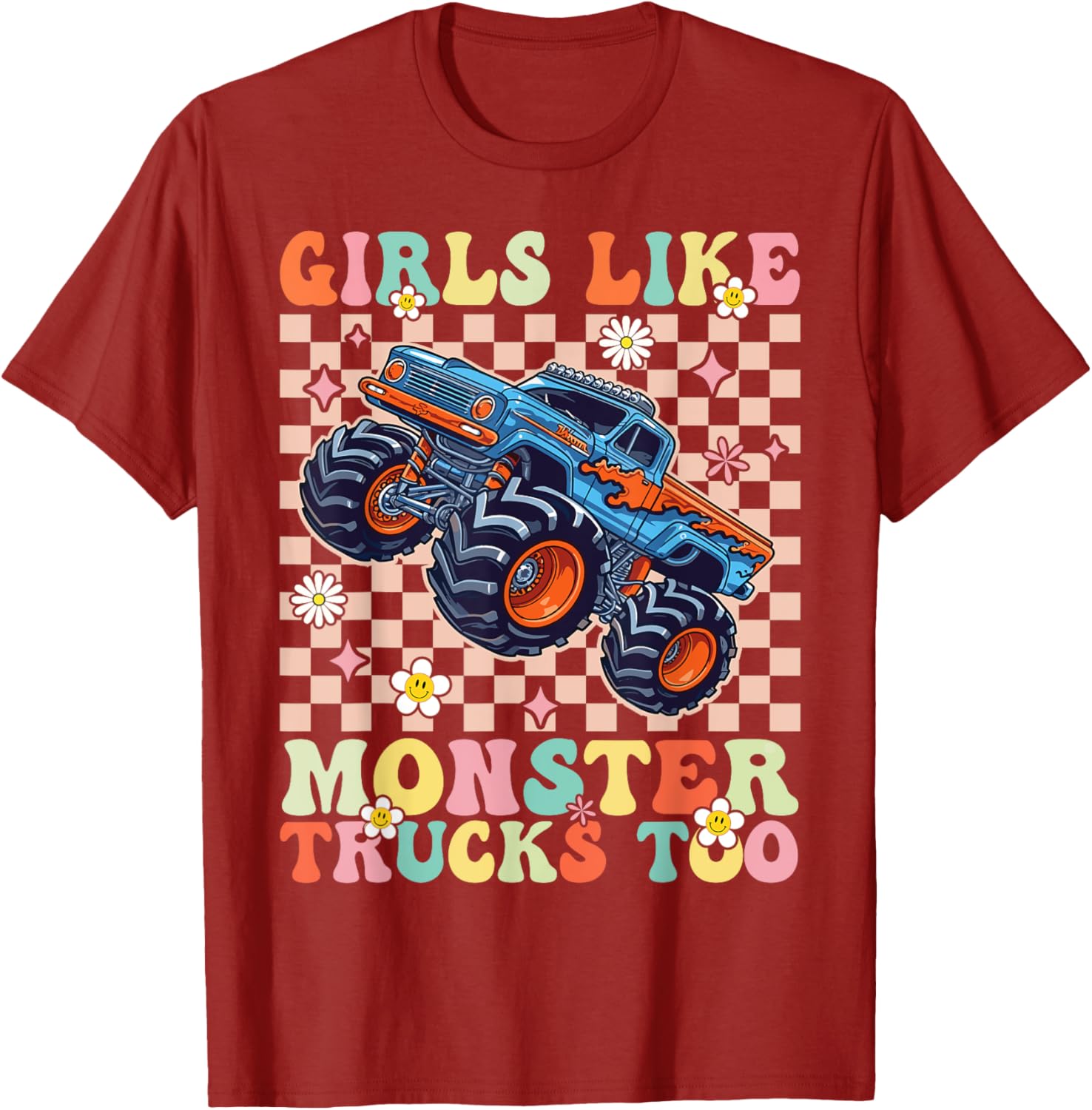 Funny Girls Love Monster Trucks Too Pink T-Shirt for Kids and Teens - 10