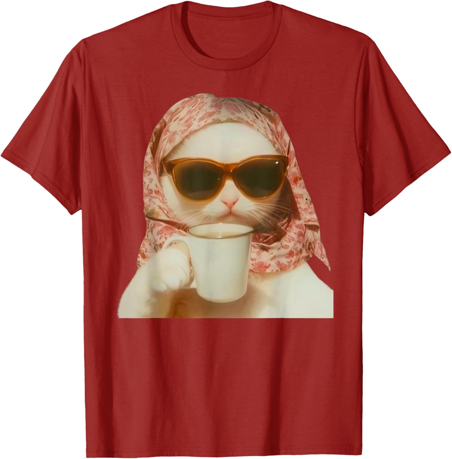 Funny Cat with Glasses and Headscarf Holding Cup T-Shirt for All Ages - 14
