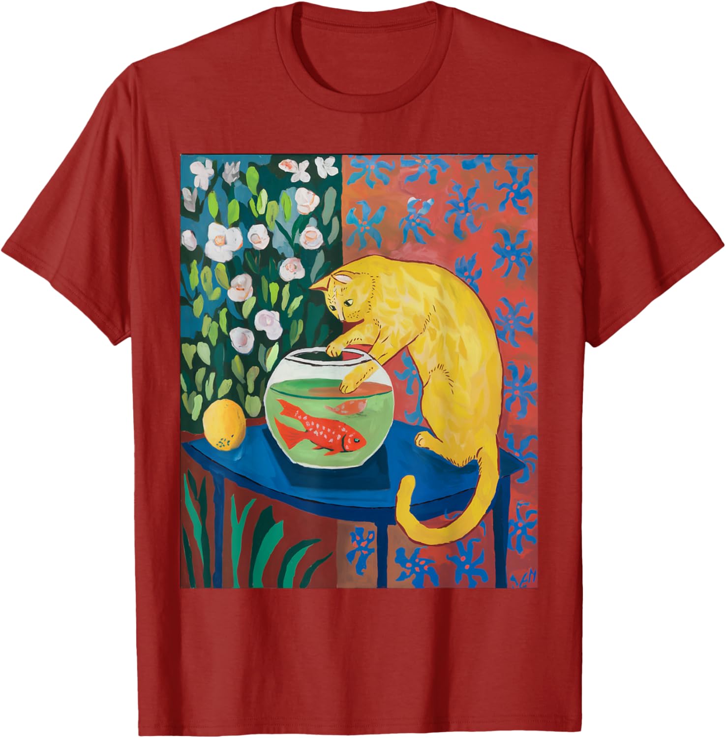 Vintage Matisse Cat T-Shirt with Red Fishes Fun Retro Style Apparel - 10