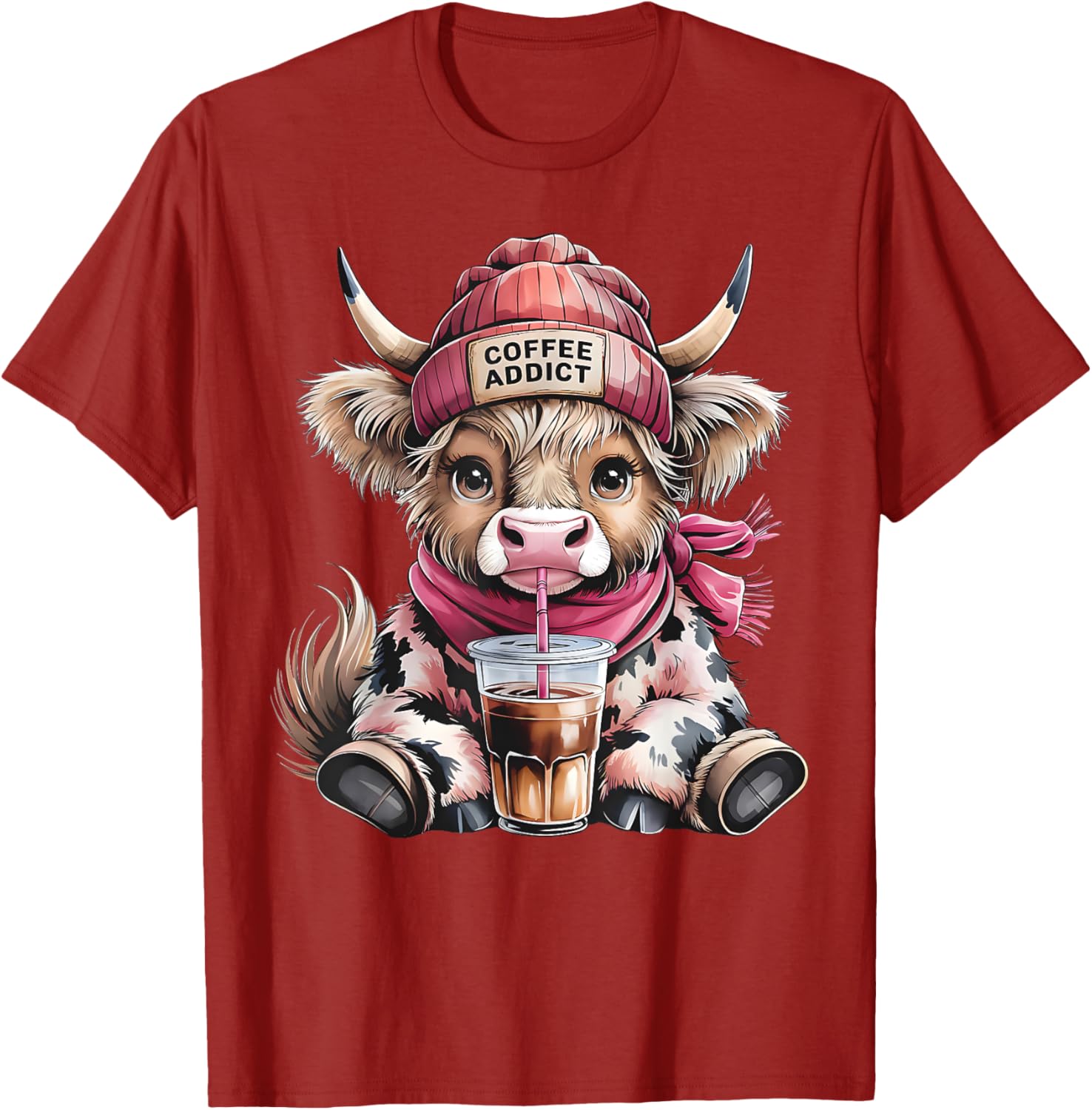 Cute Highland Cow Coffee Addict T-Shirt for Women with Beanie Hat - 15