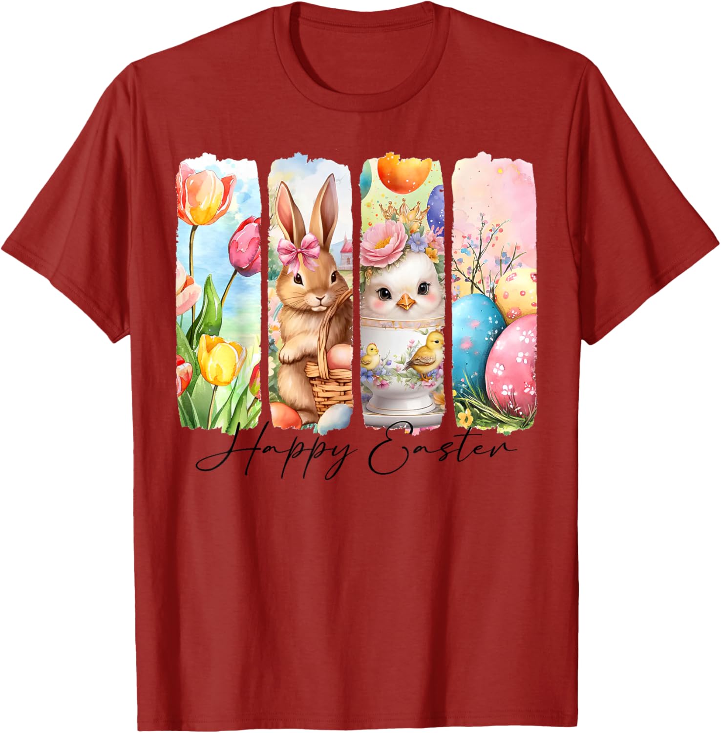 Retro Happy Easter Bunny and Chick T-Shirt with Floral Design - 10