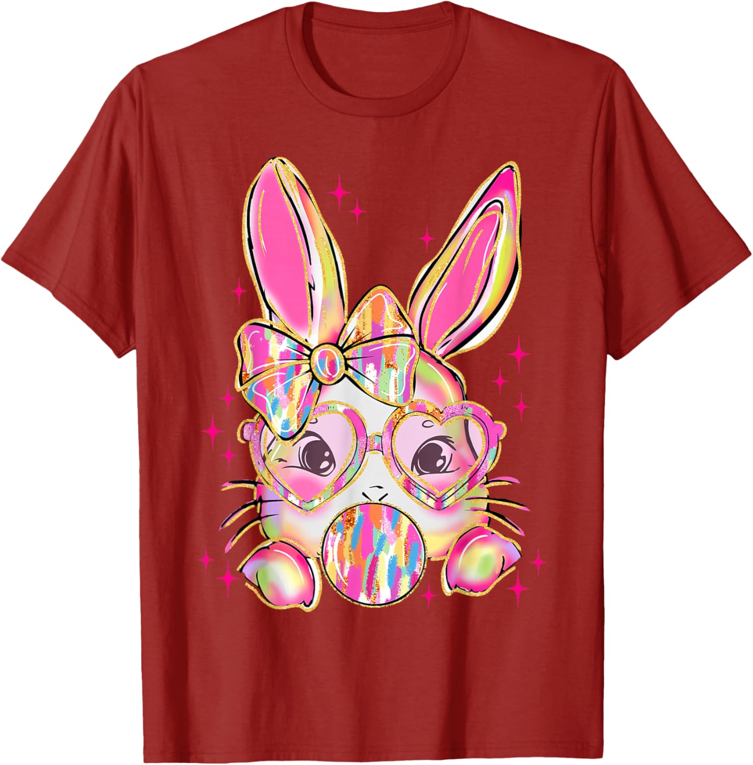Cute Brushstroke Bunny Blowing Bubble Gum Easter Bow T-Shirt for Kids - 8