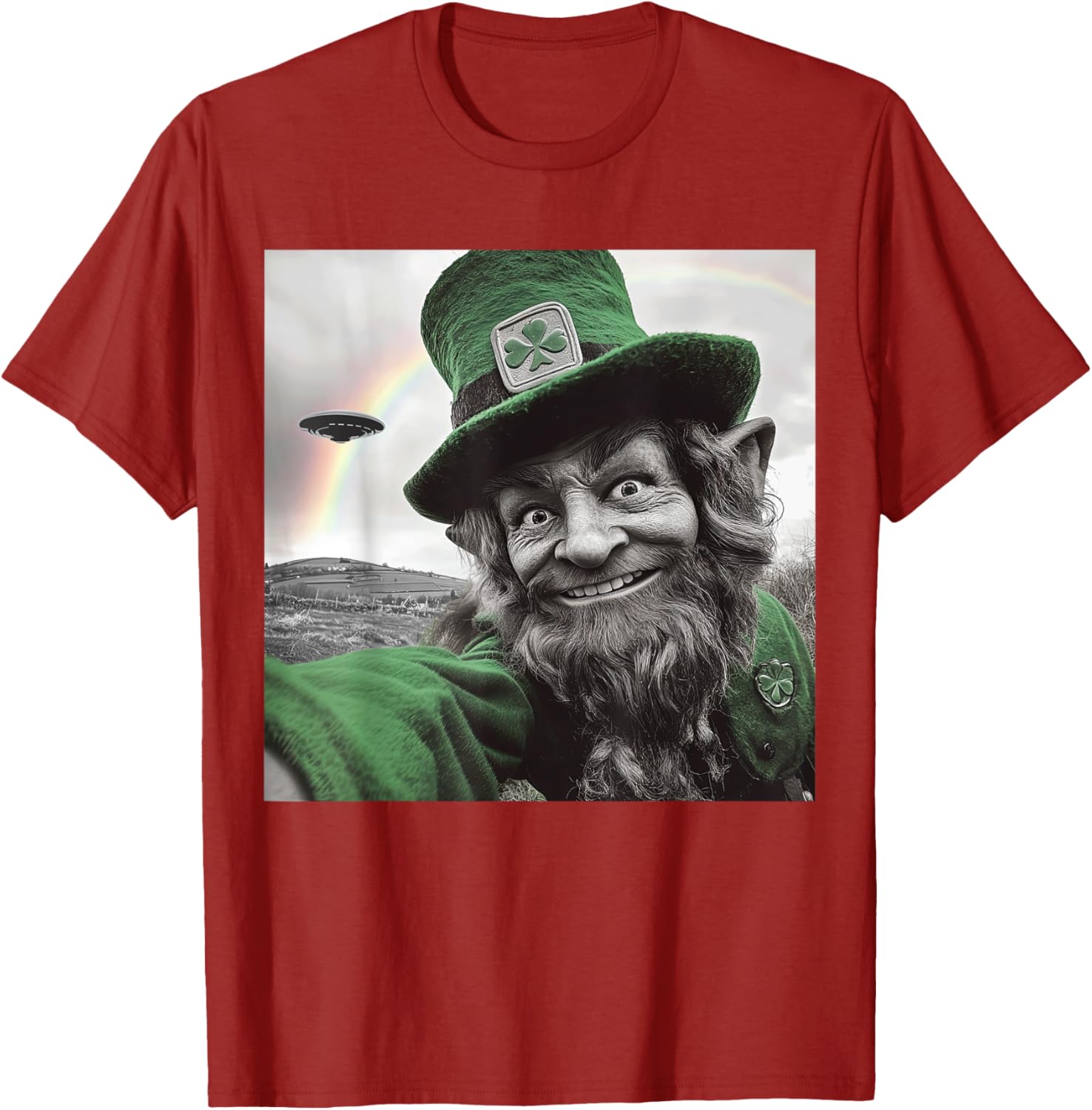 Funny St Patricks Day Rainbow Leprechaun UFO Selfie T-Shirt for Everyone - 2