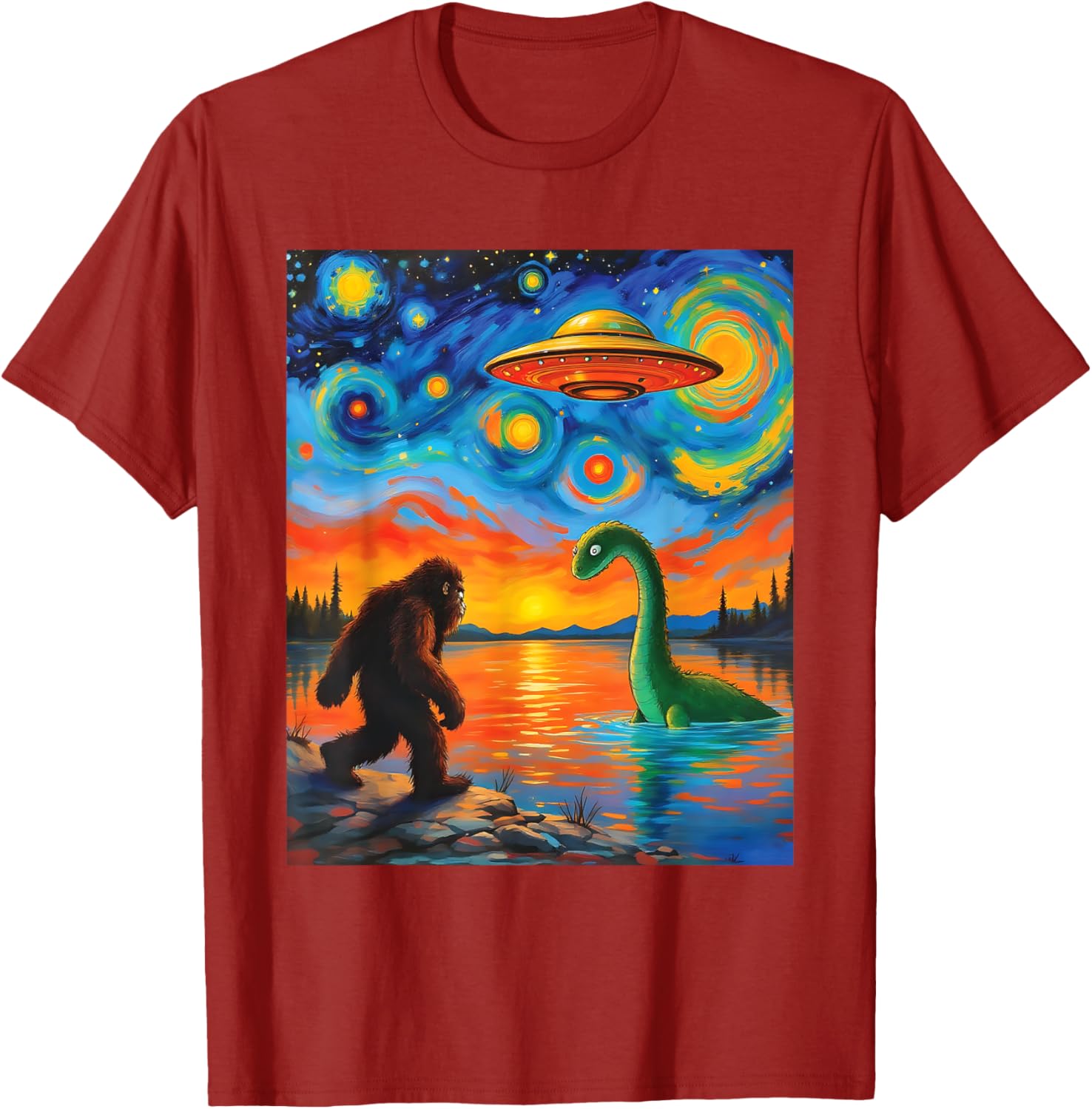 Bigfoot UFO Alien Encounter T-Shirt Inspired by Van Gogh's Starry Night - 2