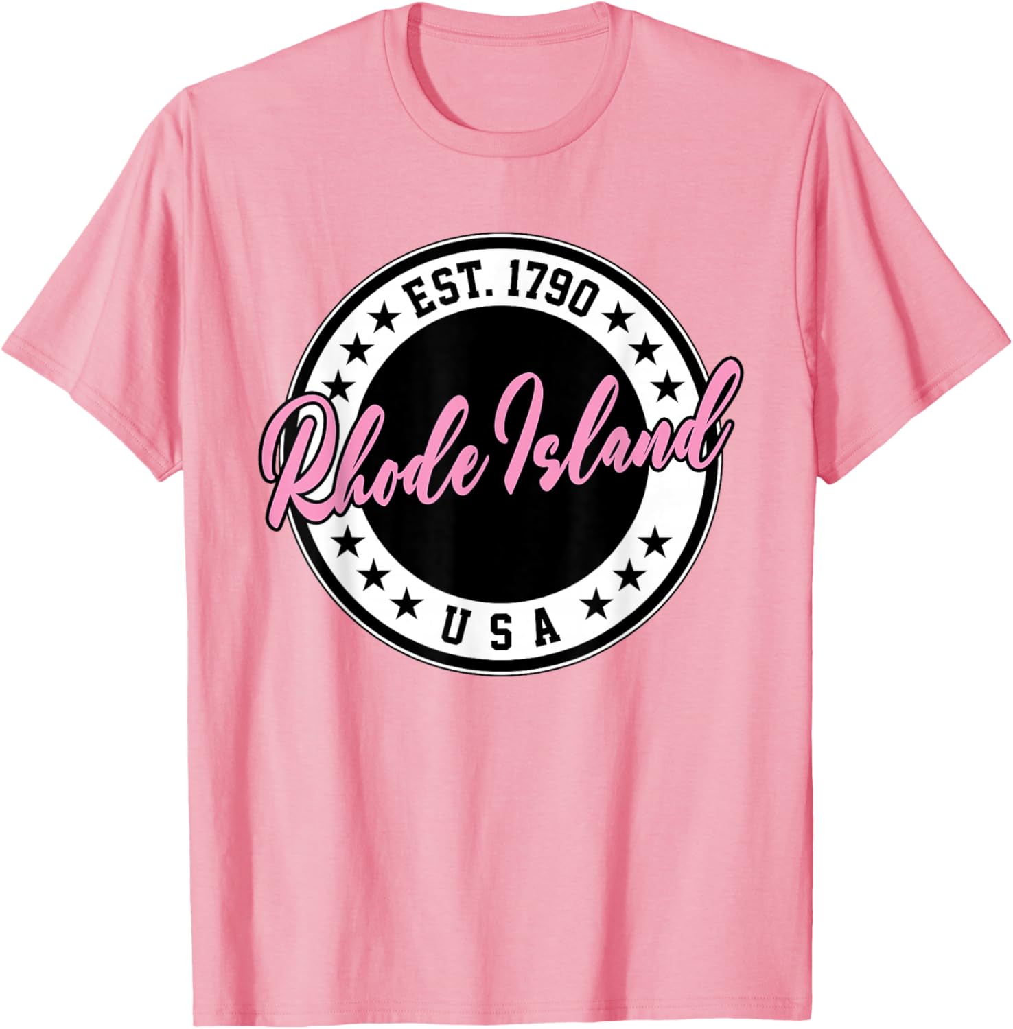 Rhode Island USA Script Circle Pink Text T-Shirt for Stylish Comfort - 3