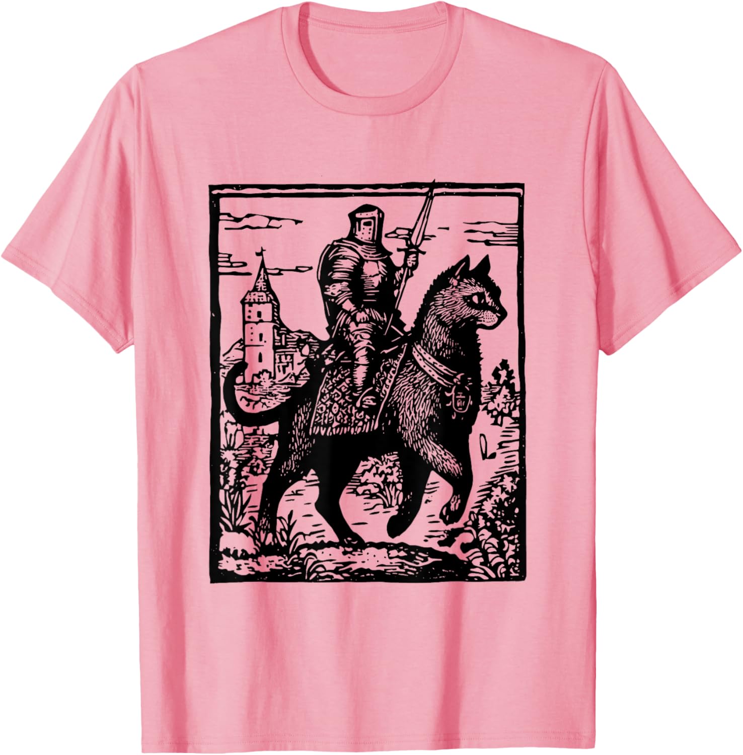 Funny 90s Knight Cat Rider T-Shirt | Retro Dark Art Cat Meme Tee - 1