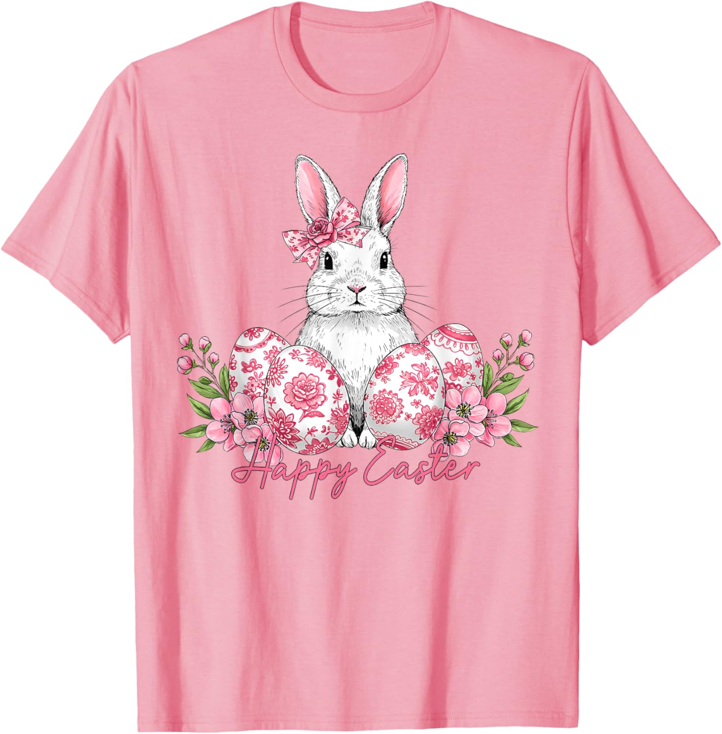 Happy Easter Chinoiserie Floral Bunny Bow T-Shirt for Festive Style - 10