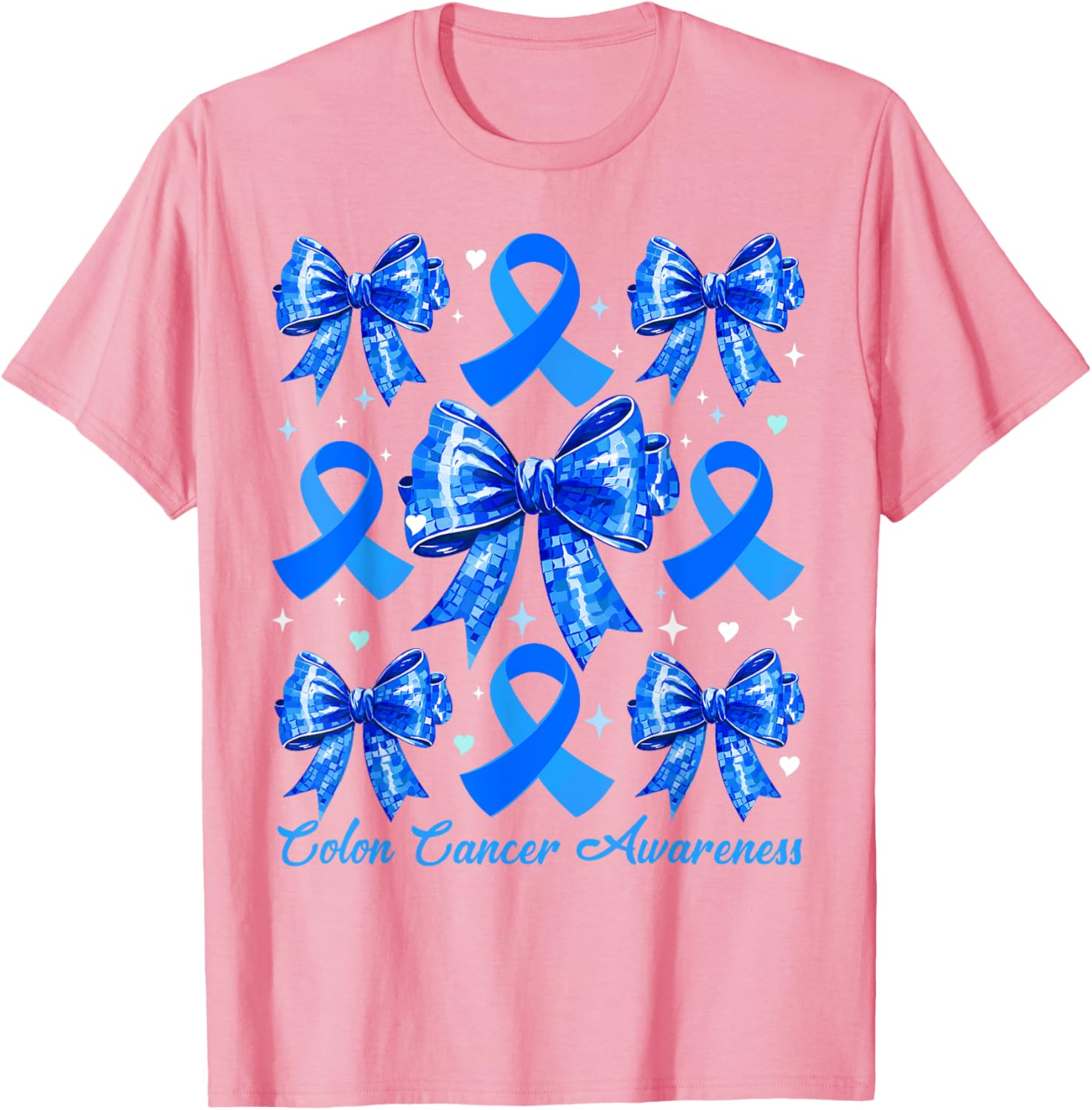 Retro Coquette Blue Ribbon T-Shirt for Women's Colon Cancer Awareness - 13