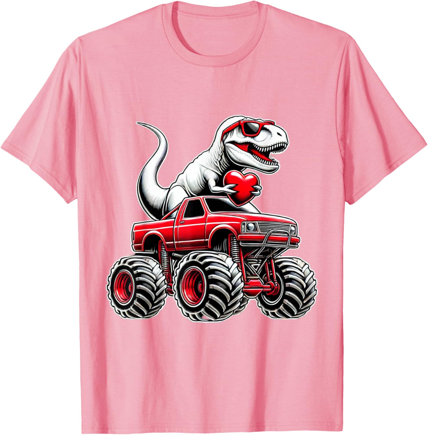 Funny T Rex Riding Monster Truck T-Shirt for Boys Celebrating Valentine's Day - 9