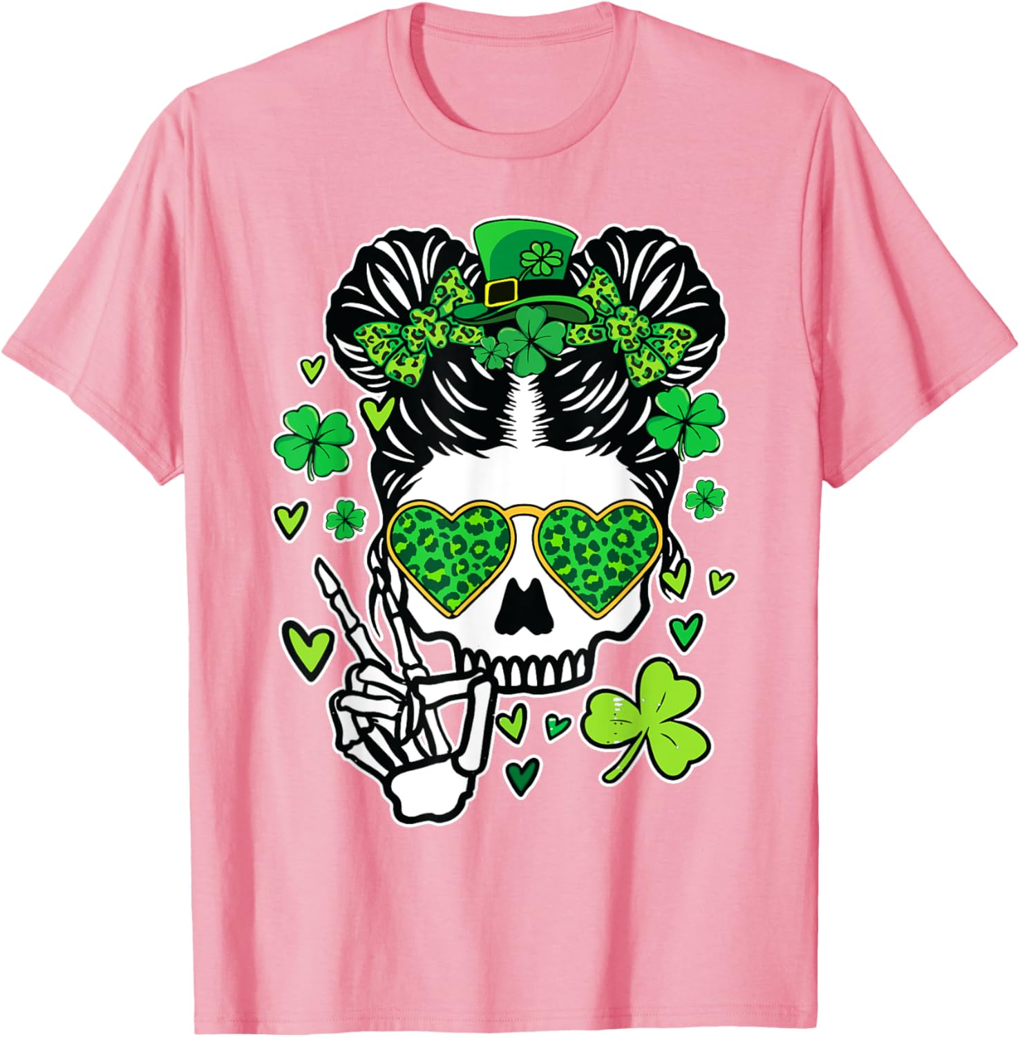 St Patrick's Day Skull Messy Bun Women’s T-Shirt for Festive Style - 23