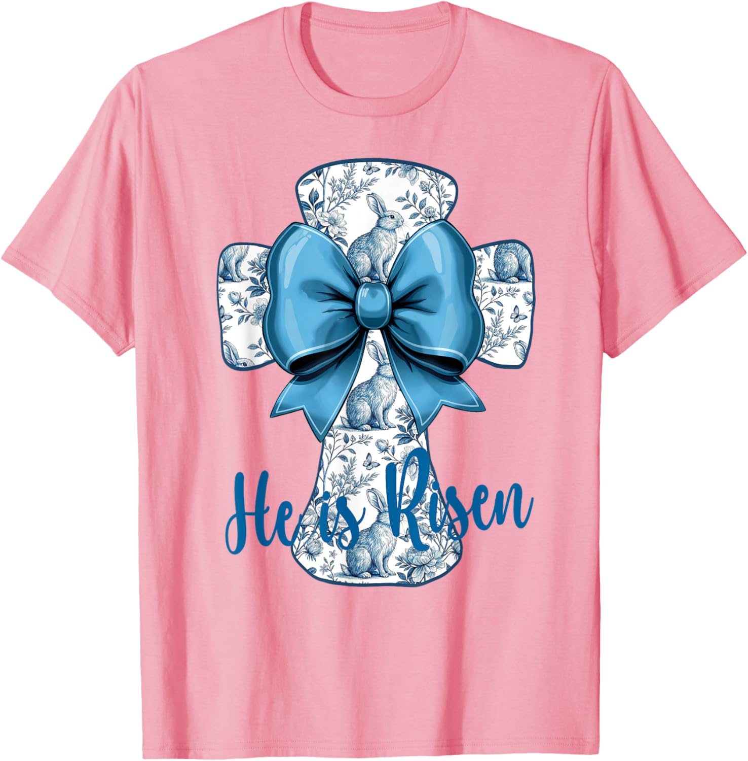 He Is Risen Blue Toile Cross Easter Christian T-Shirt for Faith Fans - 4