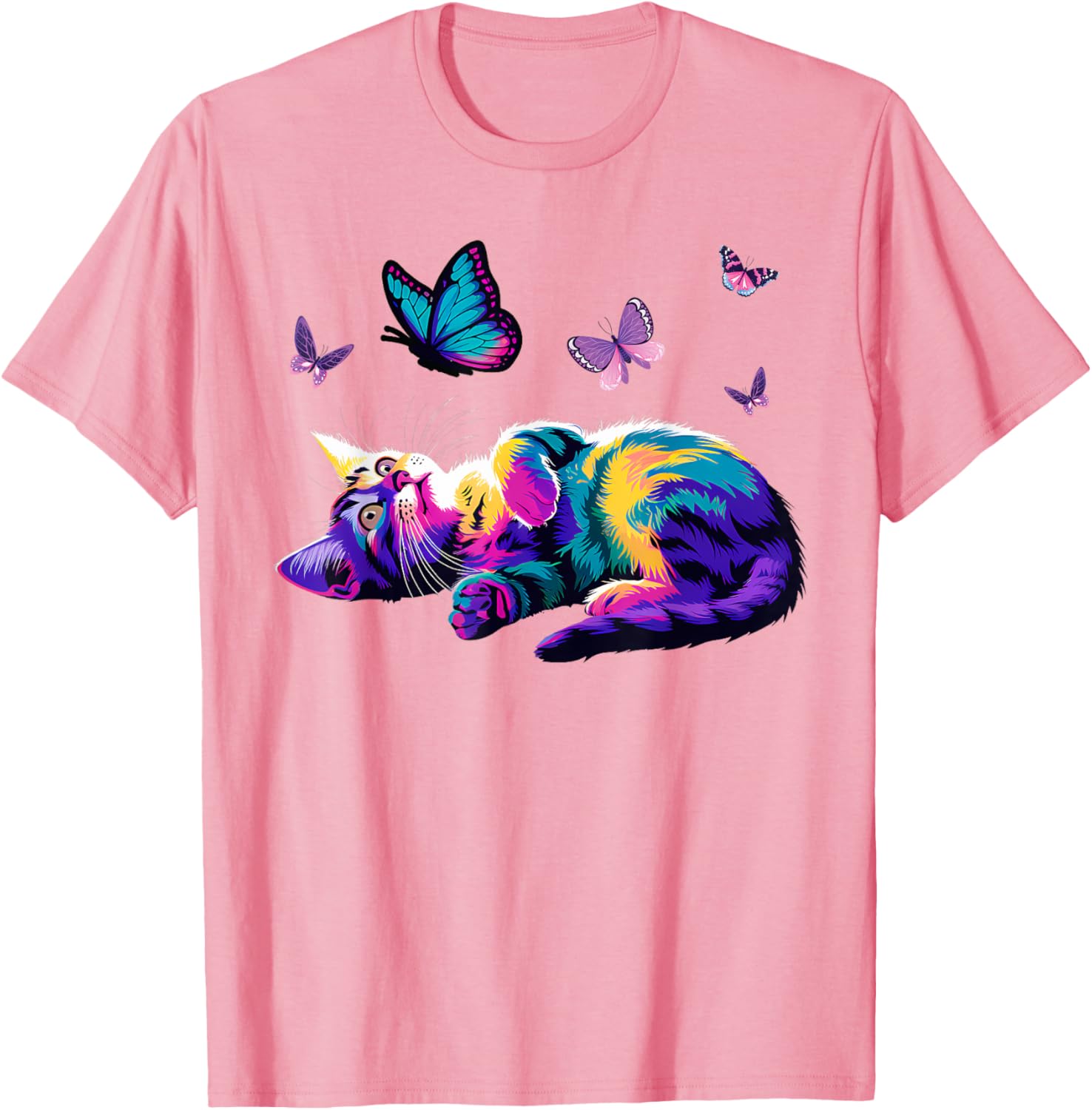 Colorful Cute Cat Playing with Butterfly T-Shirt for Cat Lovers Kids and Adults - 13