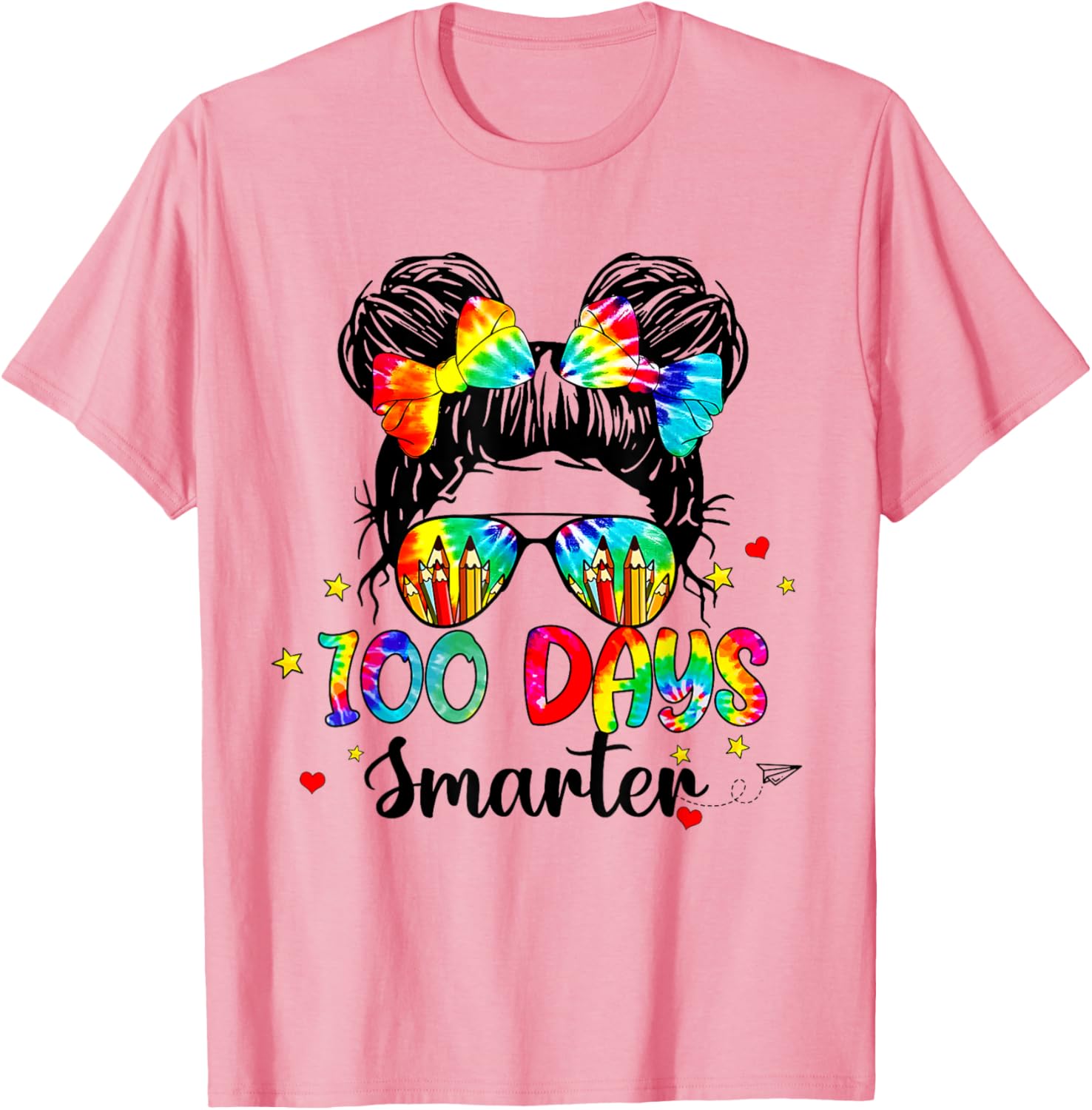 Cute Tie Dye Messy Bun 100 Days of School Shirt for Kids - 19