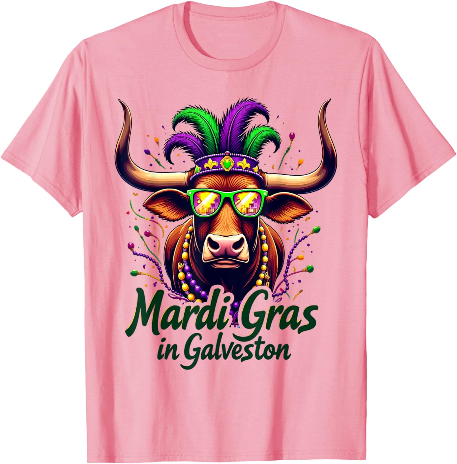 Mardi Gras Beads Galveston Cow Longhorn Texas T-Shirt for Festive Fun - 4