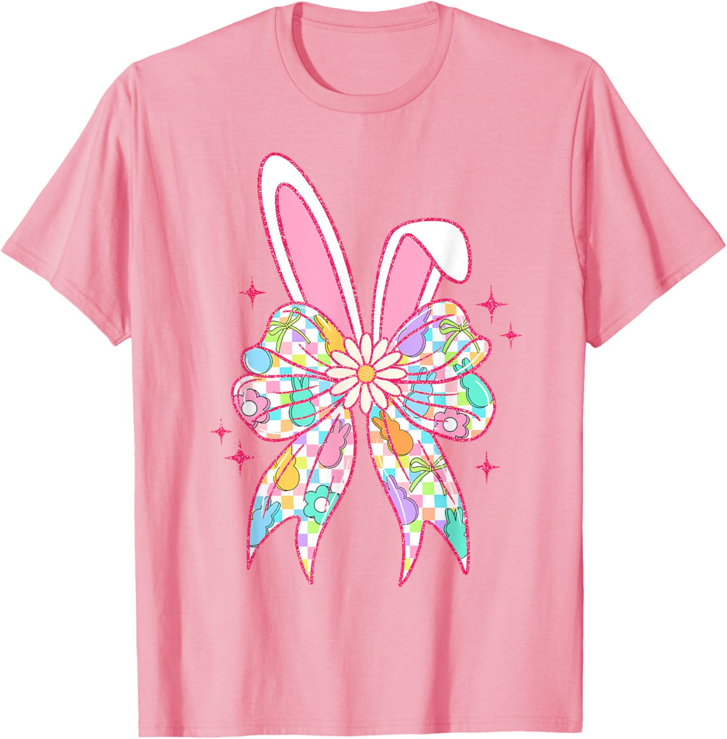 Groovy Checkered Bunny Bow Ears T-Shirt for Girls and Teens - 7