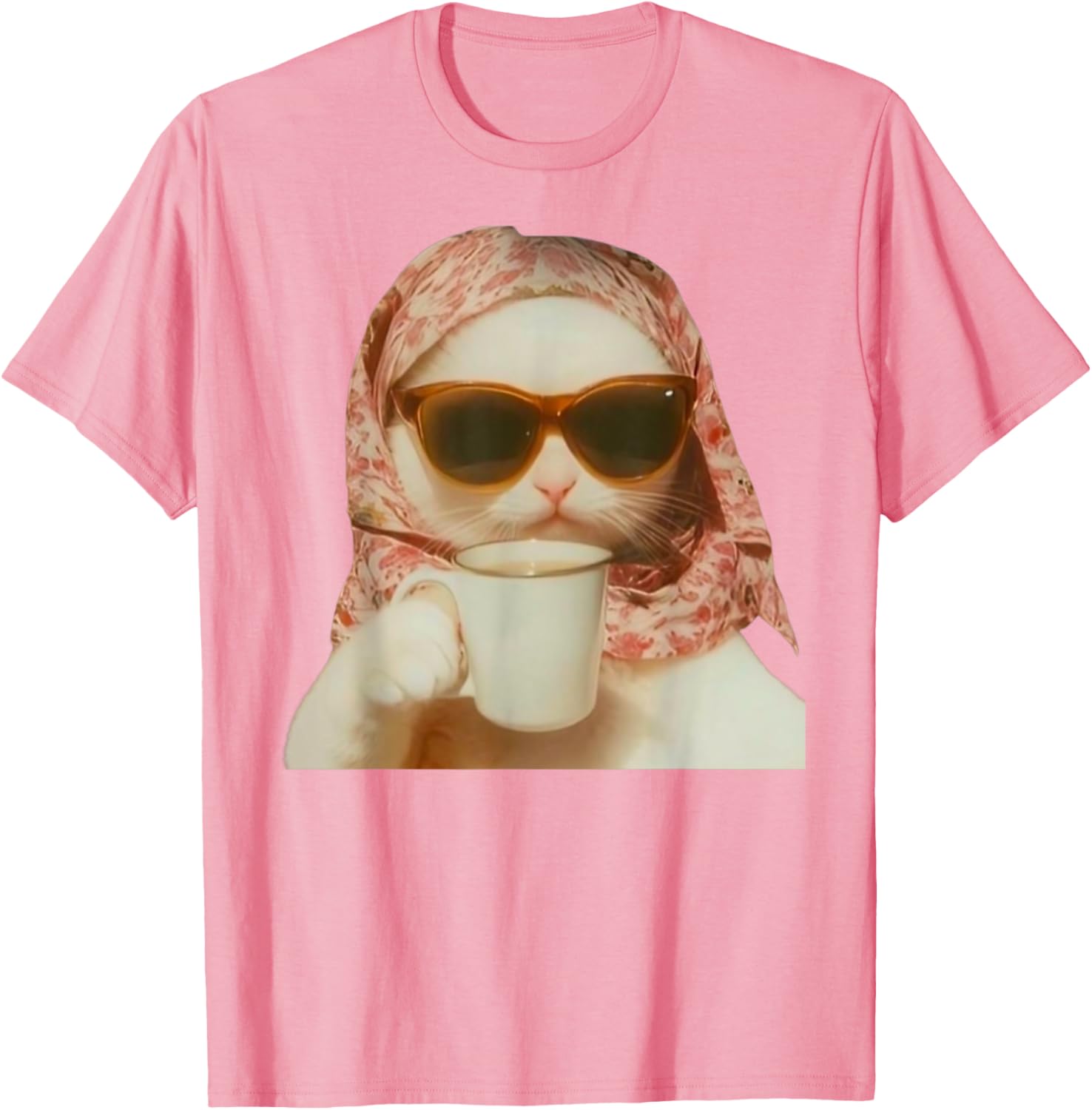 Funny Cat with Glasses and Headscarf Holding Cup T-Shirt for All Ages - 3