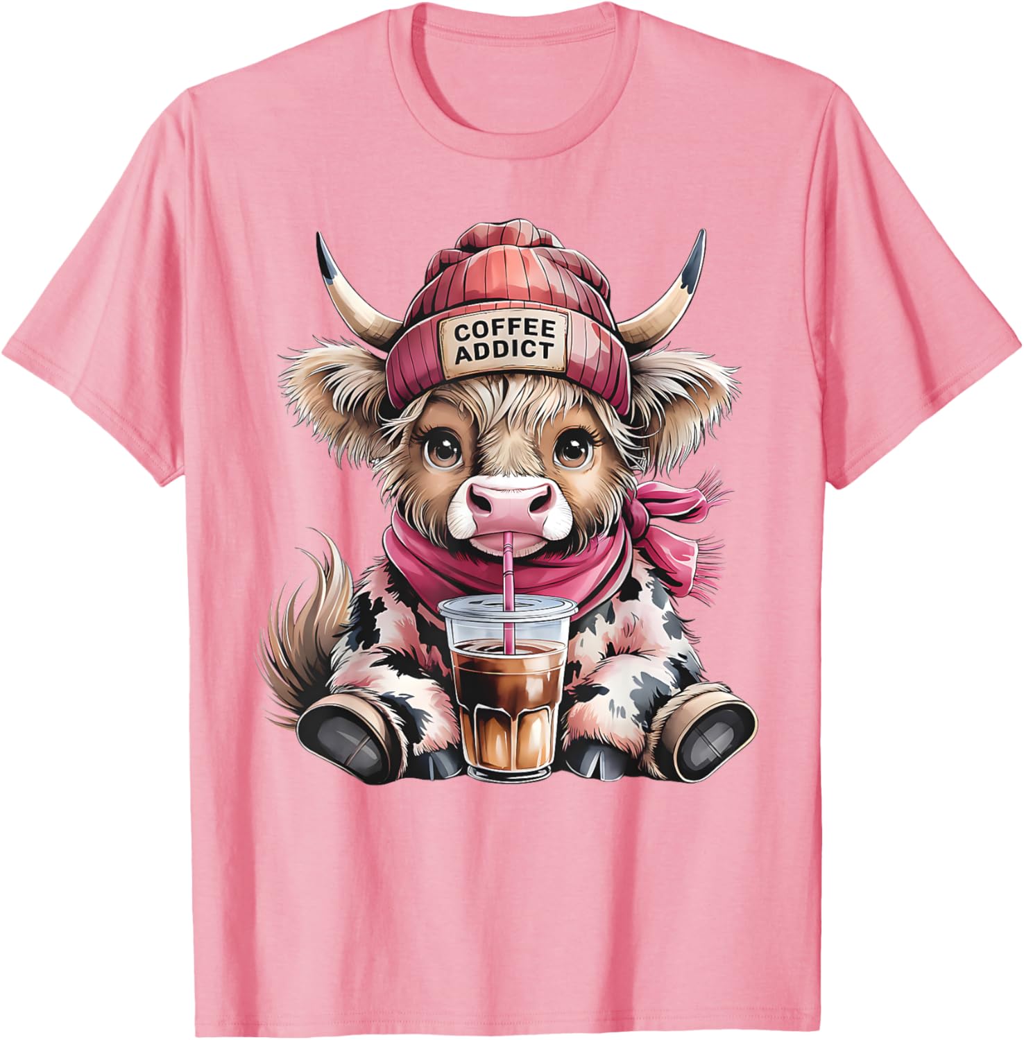 Cute Highland Cow Coffee Addict T-Shirt for Women with Beanie Hat - 13