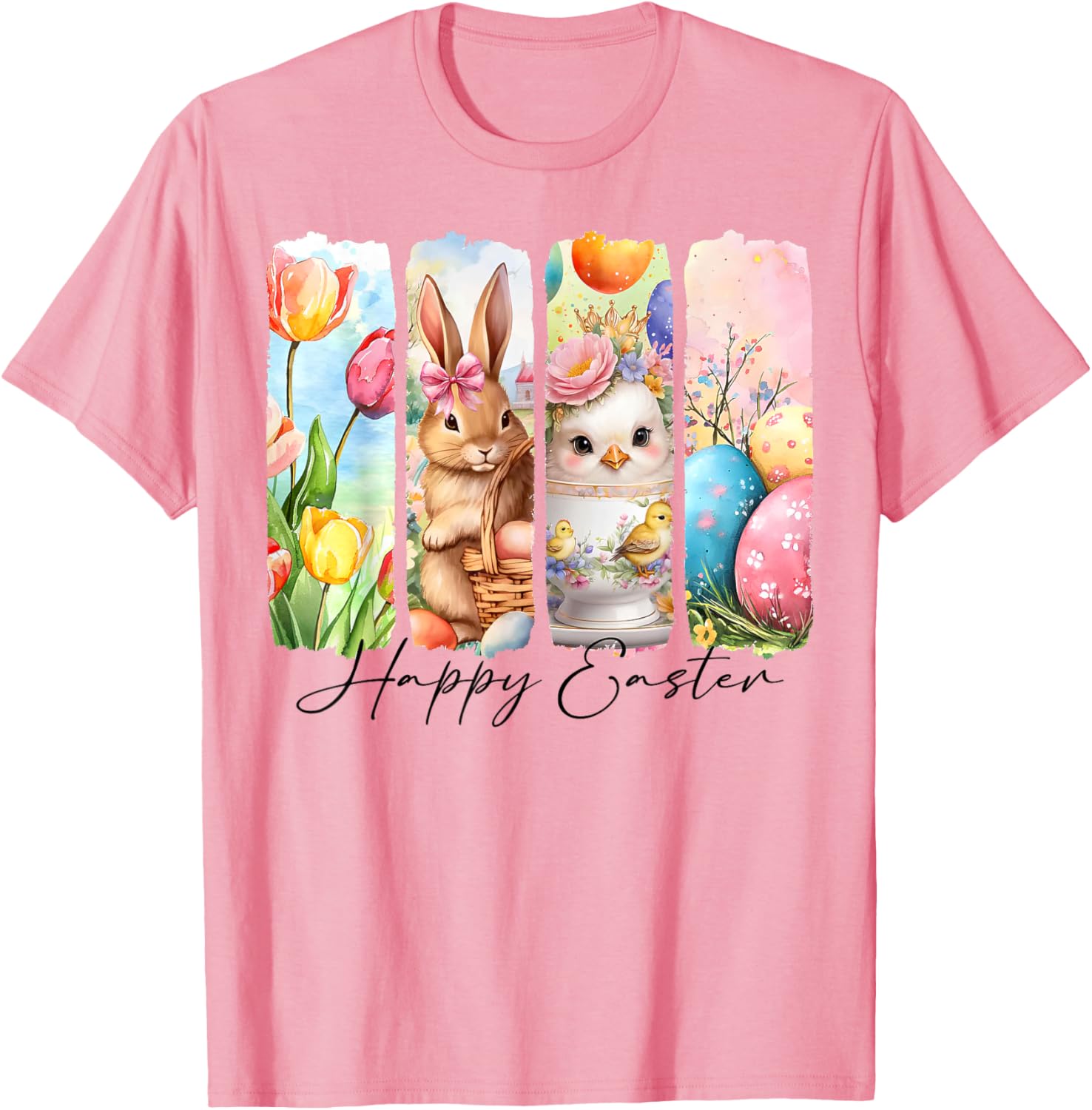 Retro Happy Easter Bunny and Chick T-Shirt with Floral Design - 8