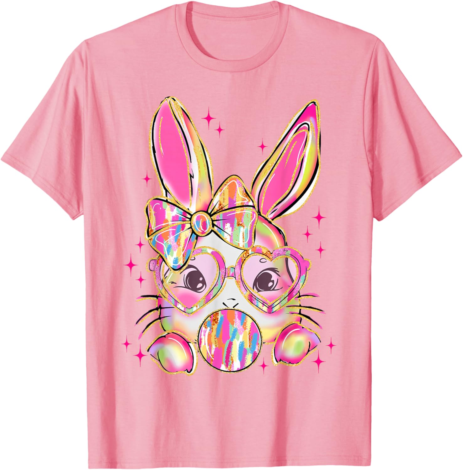 Cute Brushstroke Bunny Blowing Bubble Gum Easter Bow T-Shirt for Kids - 10