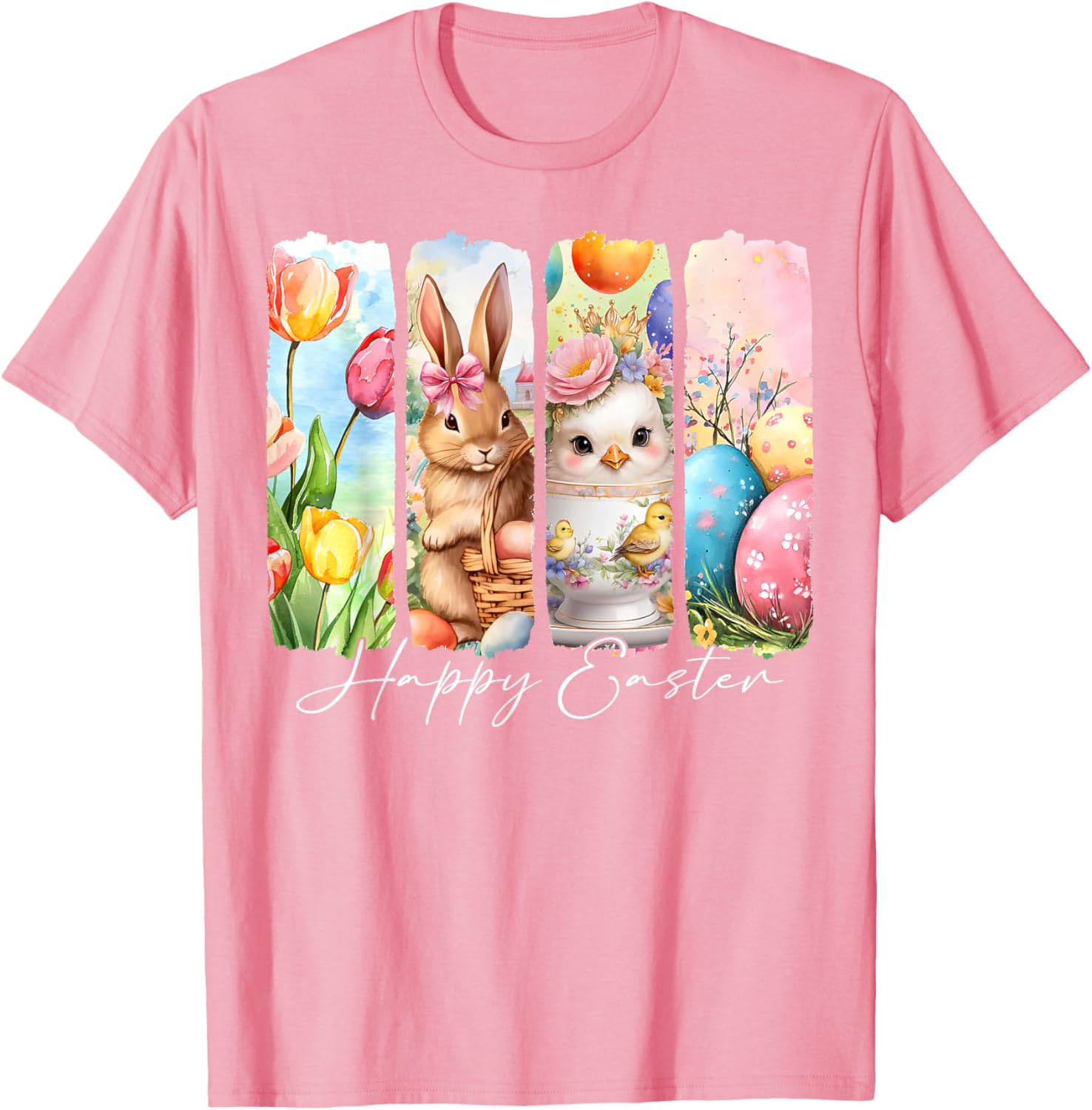 Retro Bunny and Chick Happy Easter T-Shirt with Floral Design - 15