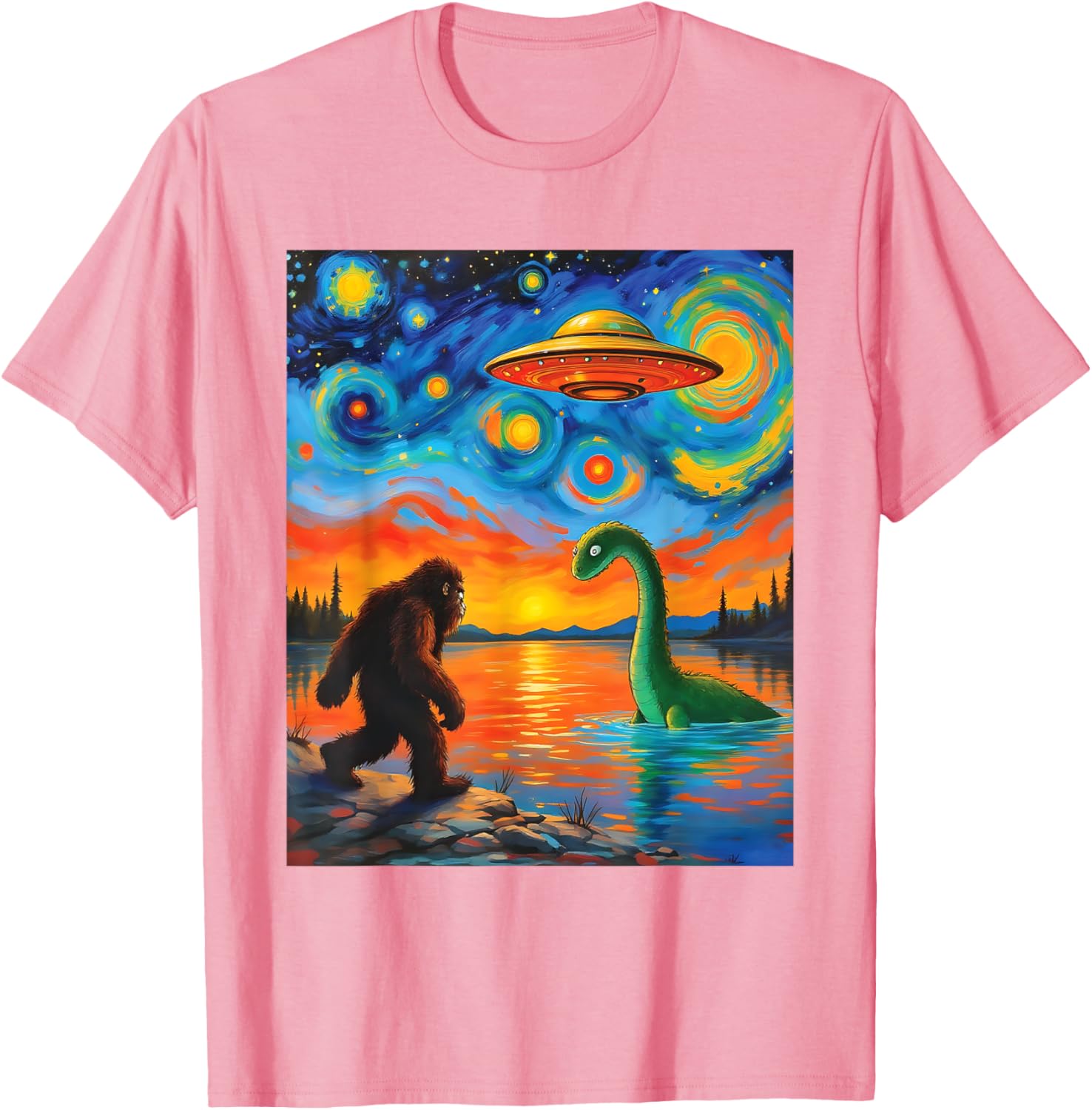 Bigfoot UFO Alien Encounter T-Shirt Inspired by Van Gogh's Starry Night - 27