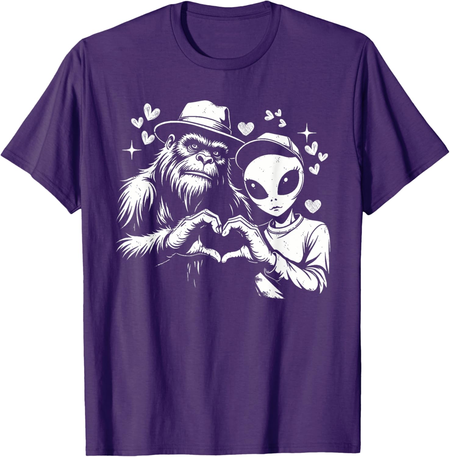Funny Bigfoot and Alien Love Hand Sign T-Shirt for Unique Style - 12