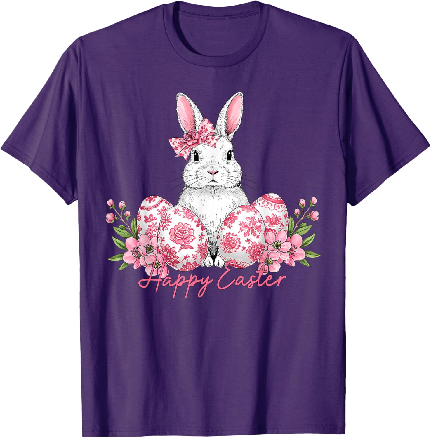 Happy Easter Chinoiserie Floral Bunny Bow T-Shirt for Festive Style - 8
