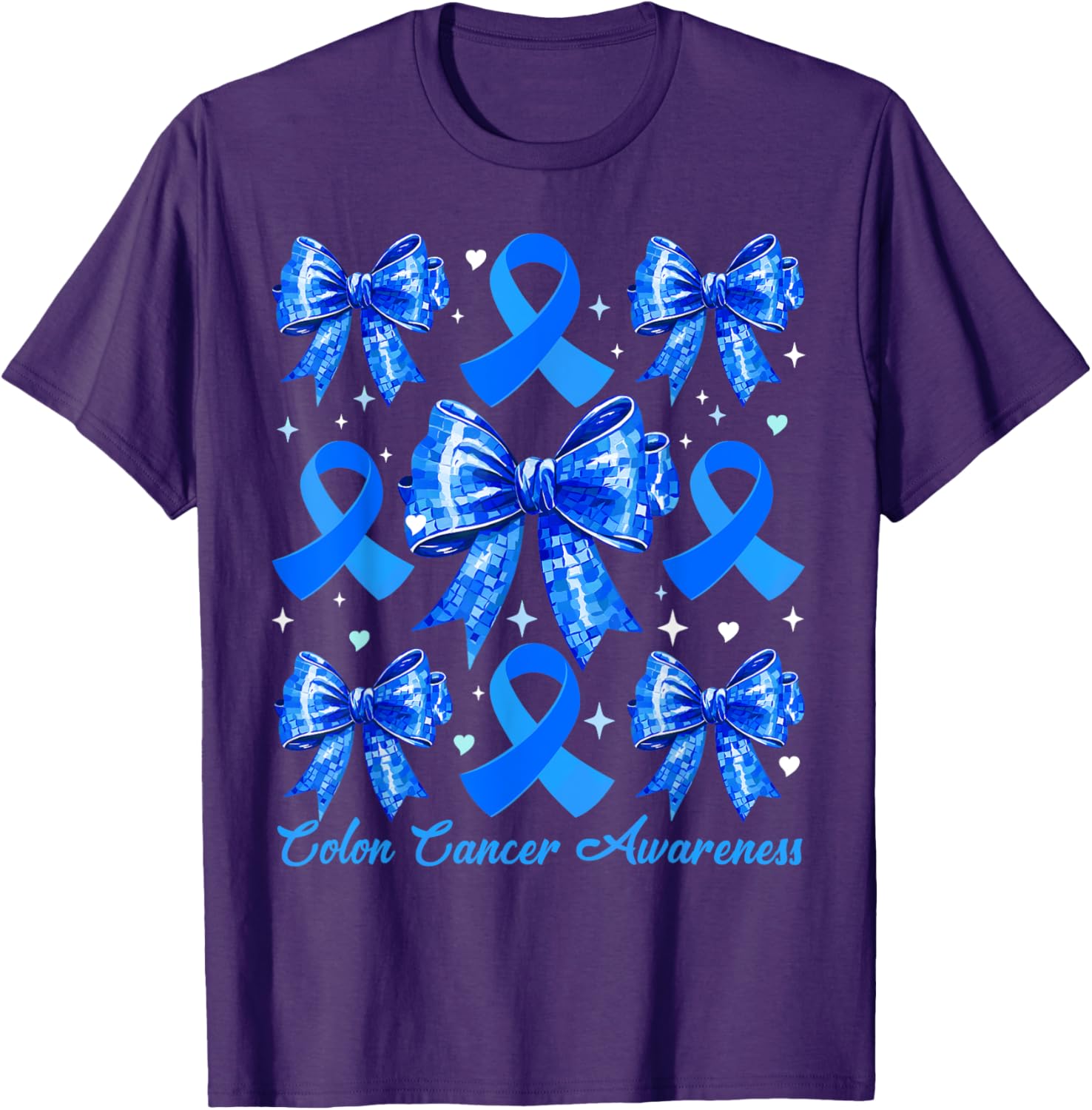 Retro Coquette Blue Ribbon T-Shirt for Women's Colon Cancer Awareness - 1