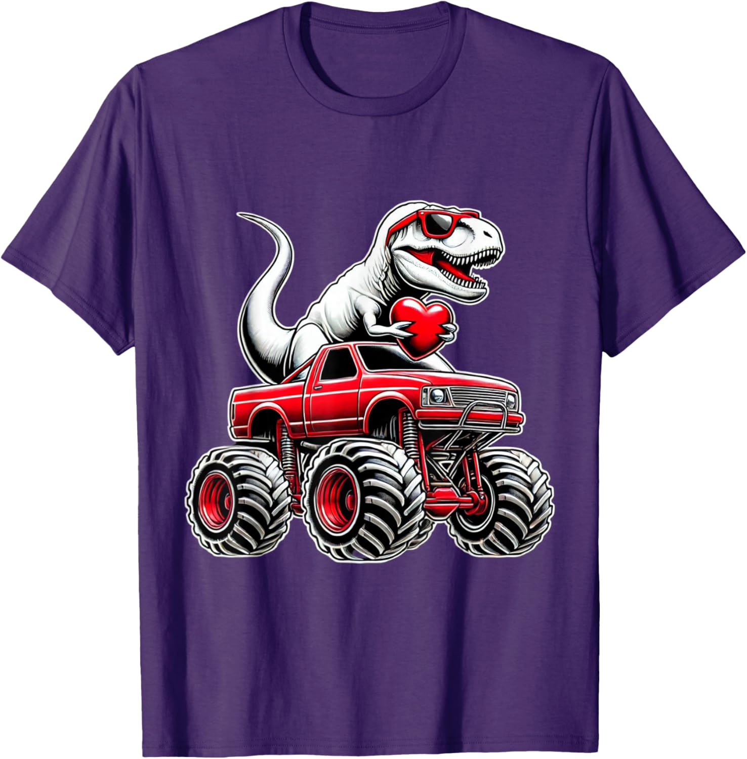 Funny T Rex Riding Monster Truck T-Shirt for Boys Celebrating Valentine's Day - 21