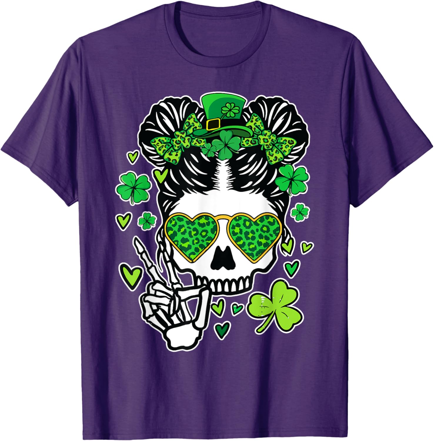 St Patrick's Day Skull Messy Bun Women’s T-Shirt for Festive Style - 25