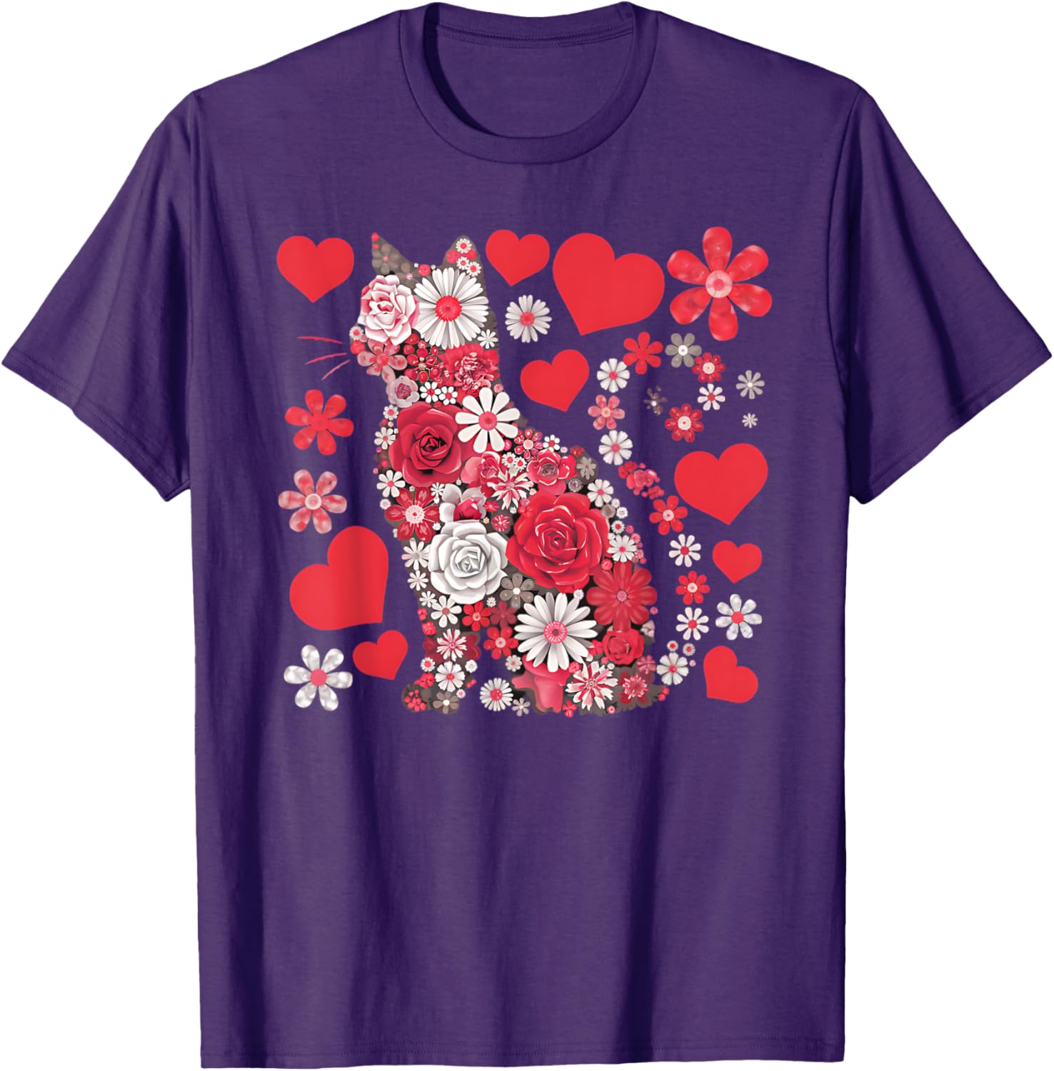 Cute Cat Floral Hearts Valentine’s Day T-Shirt for Kids and Adults - 2