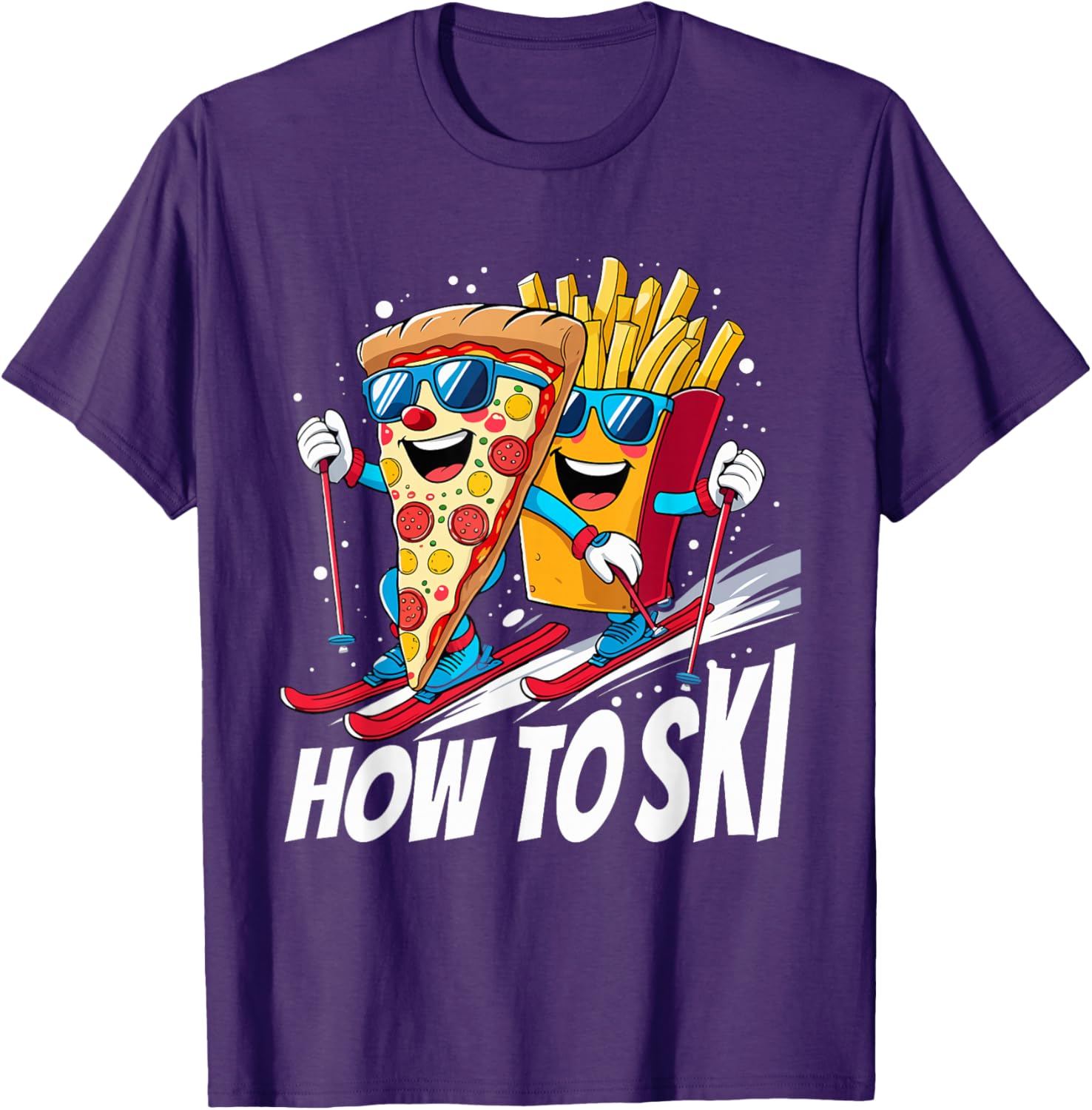 Funny Pizza French Fries Skiing T-Shirt for Ski Lovers and Enthusiasts - 15