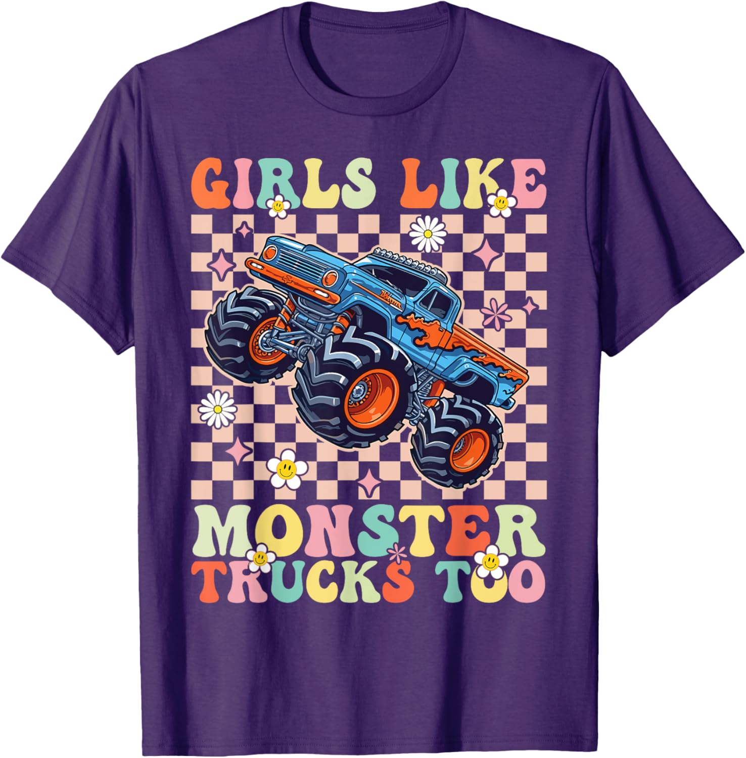Funny Girls Love Monster Trucks Too Pink T-Shirt for Kids and Teens - 3