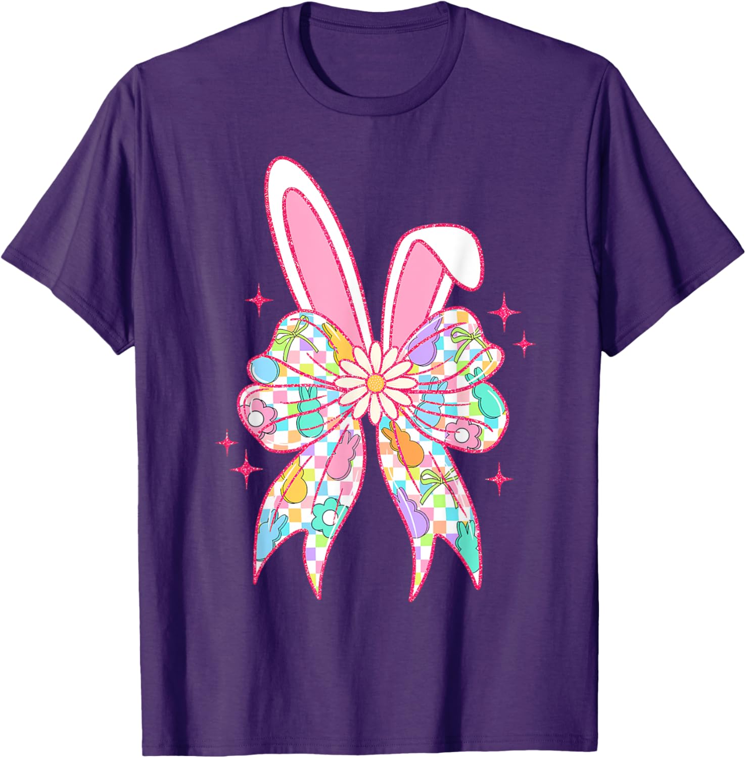 Groovy Checkered Bunny Bow Ears T-Shirt for Girls and Teens - 4