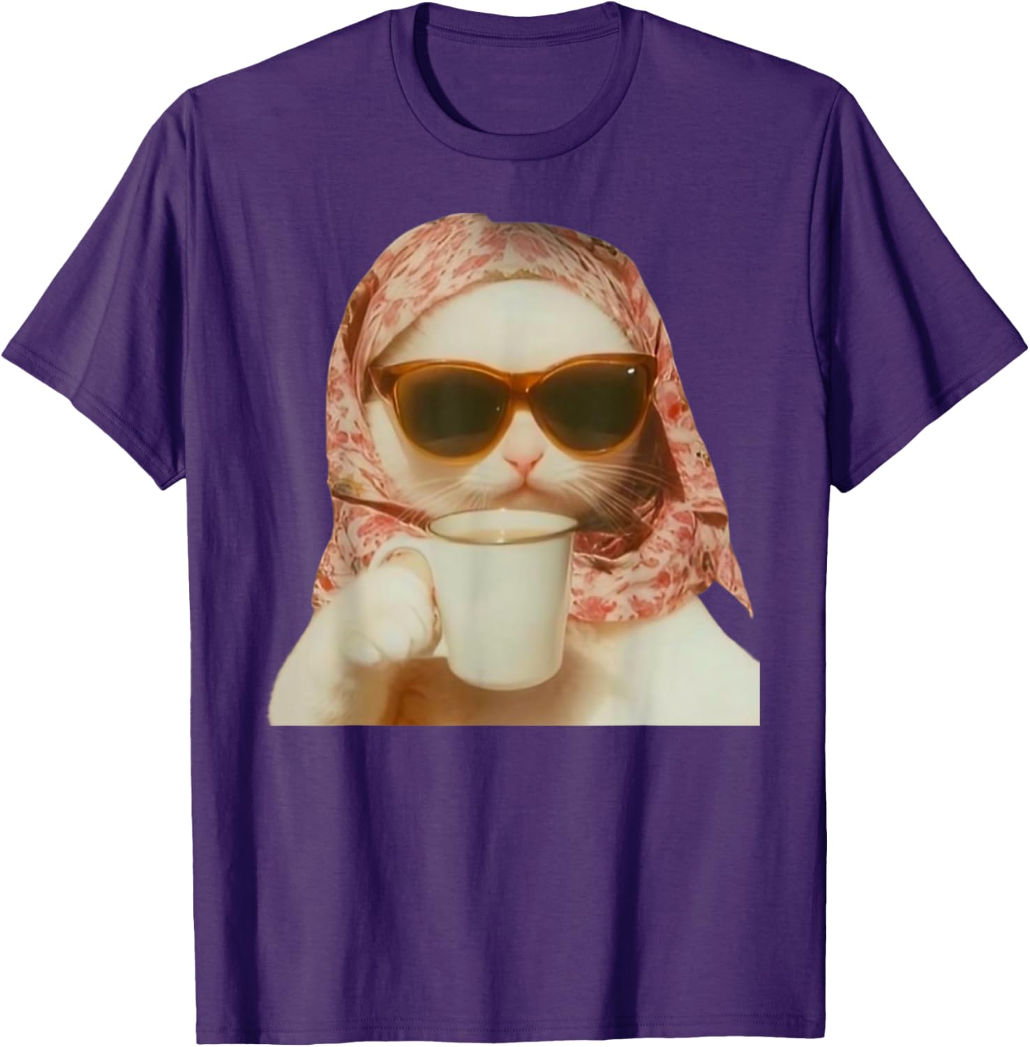 Funny Cat with Glasses and Headscarf Holding Cup T-Shirt for All Ages - 12